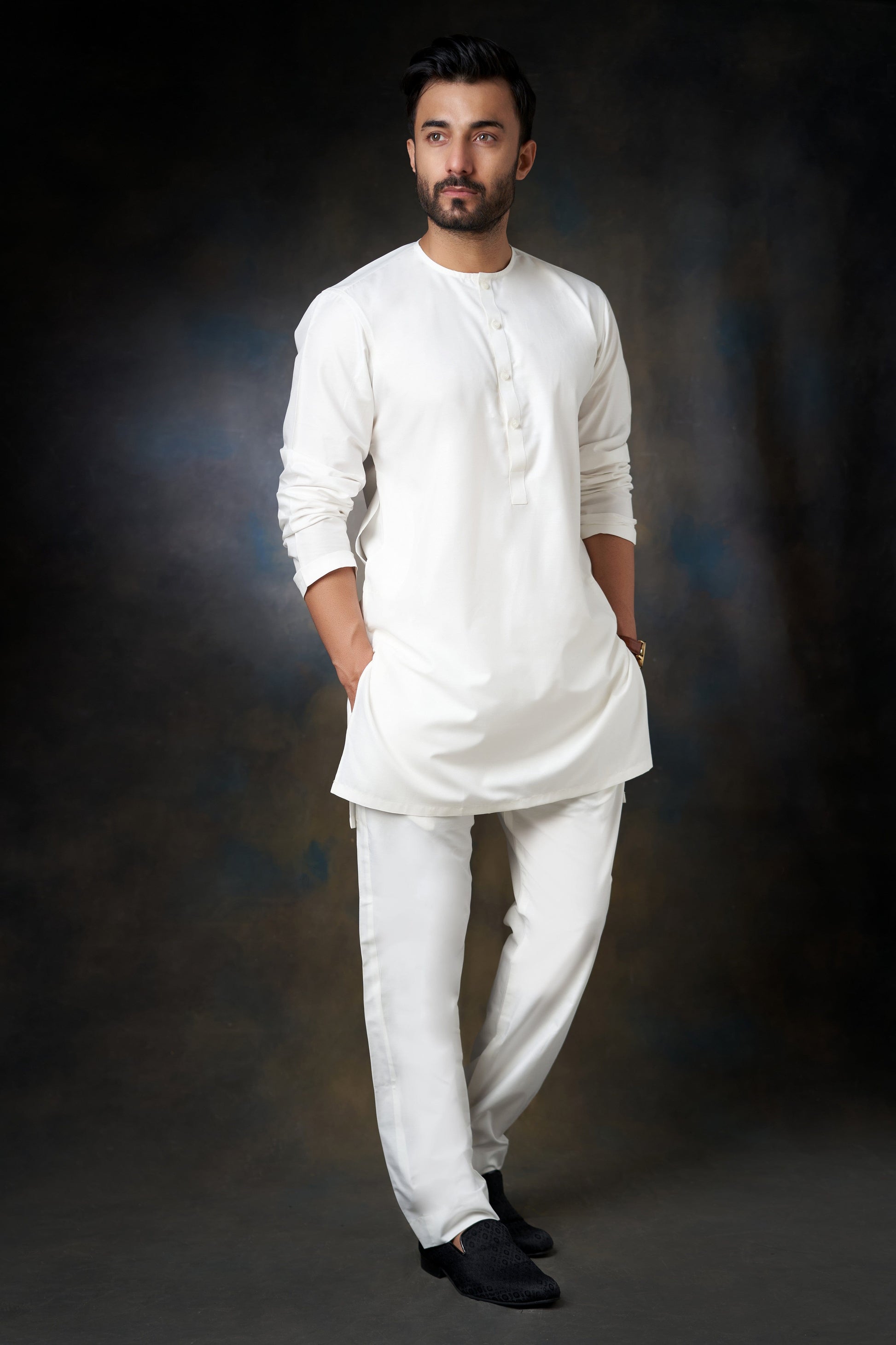 White Cotton-Silk Blend Sherwani Inner Kurta and Pants