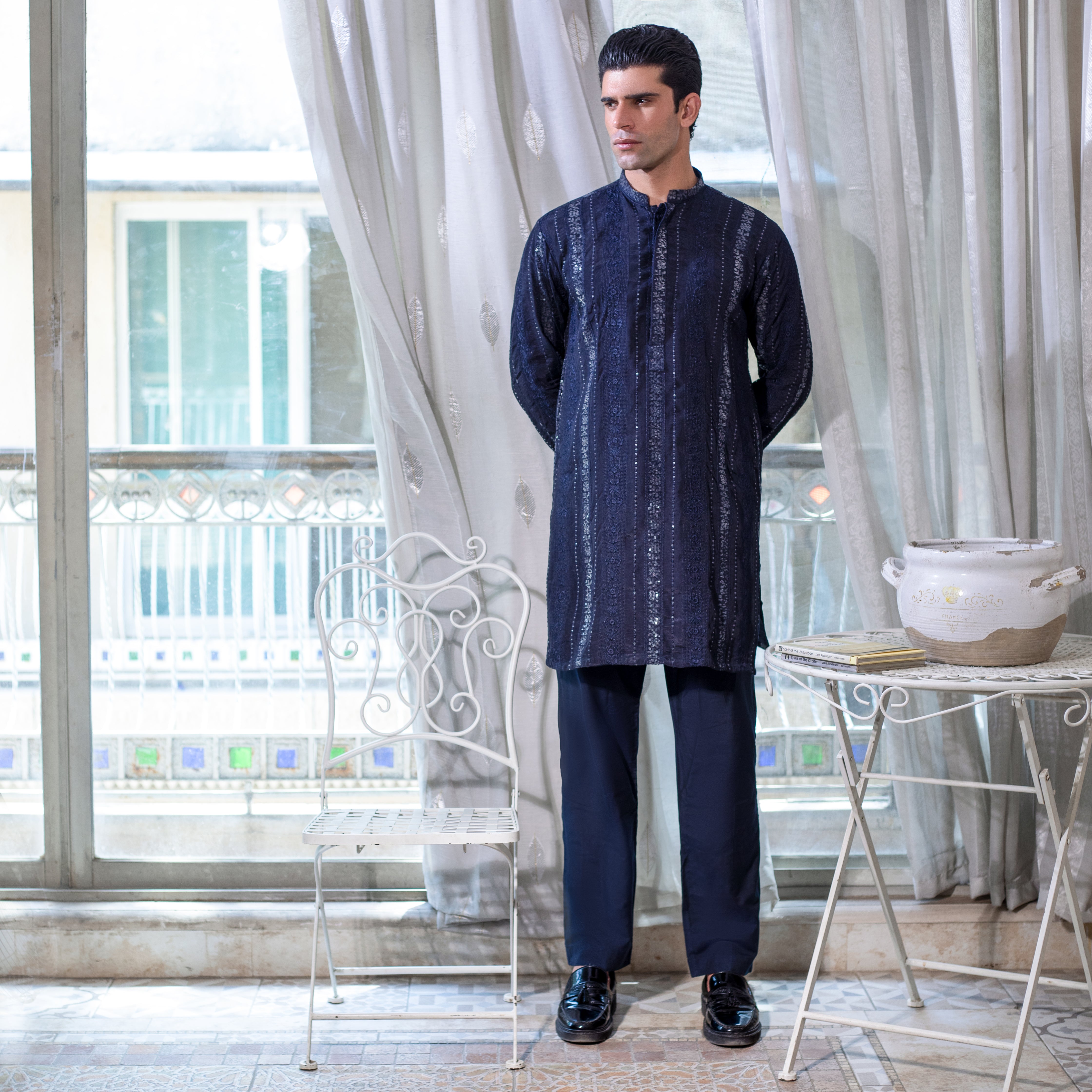 Arsalan Iqbal Aks 1.0 Oxford Navy Embroidered Raw Silk Kurta with Boot Cut Pants Full Length Front View for Men