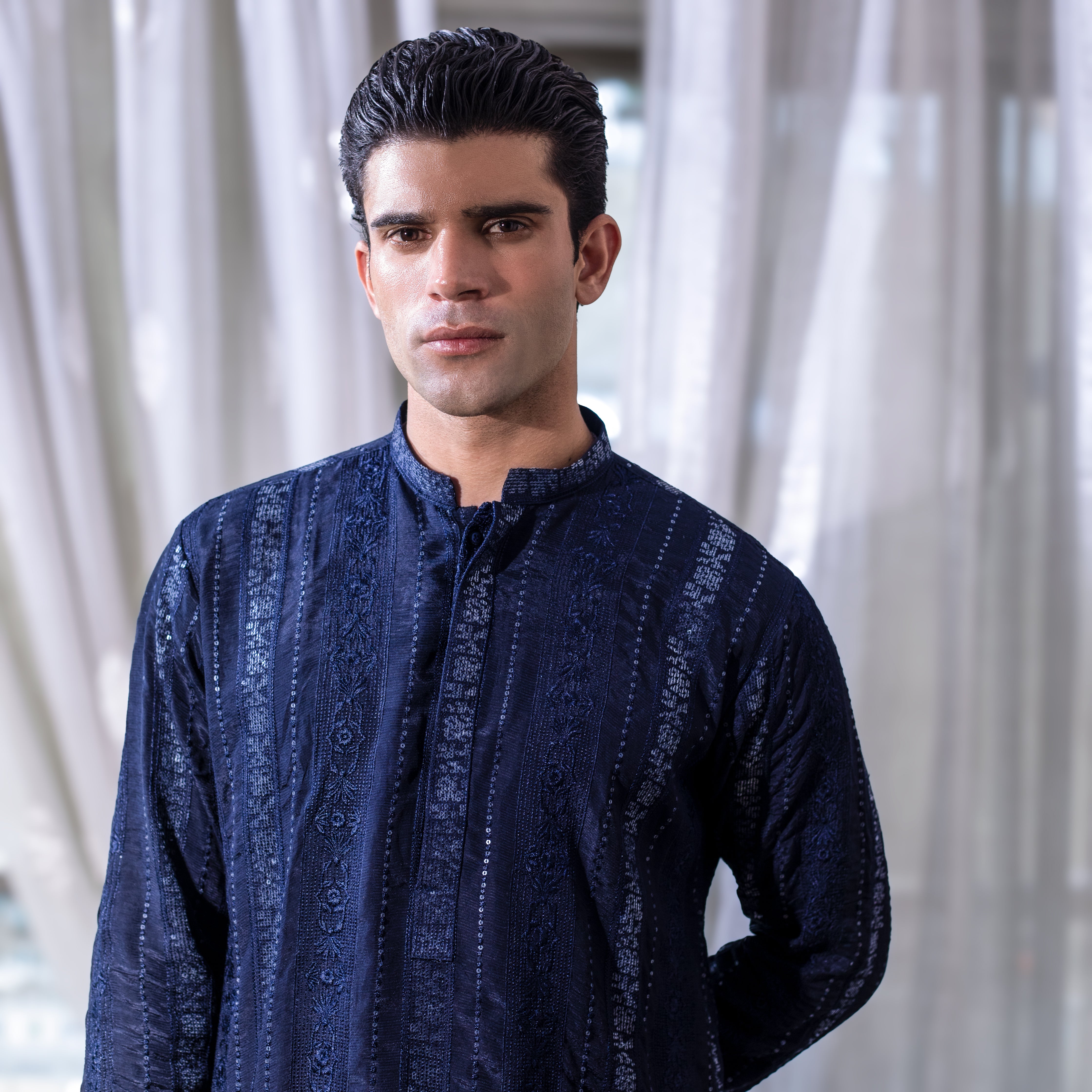 Arsalan Iqbal Aks 1.0 Oxford Navy Embroidered Raw Silk Kurta Direct Headshot Portrait for Men