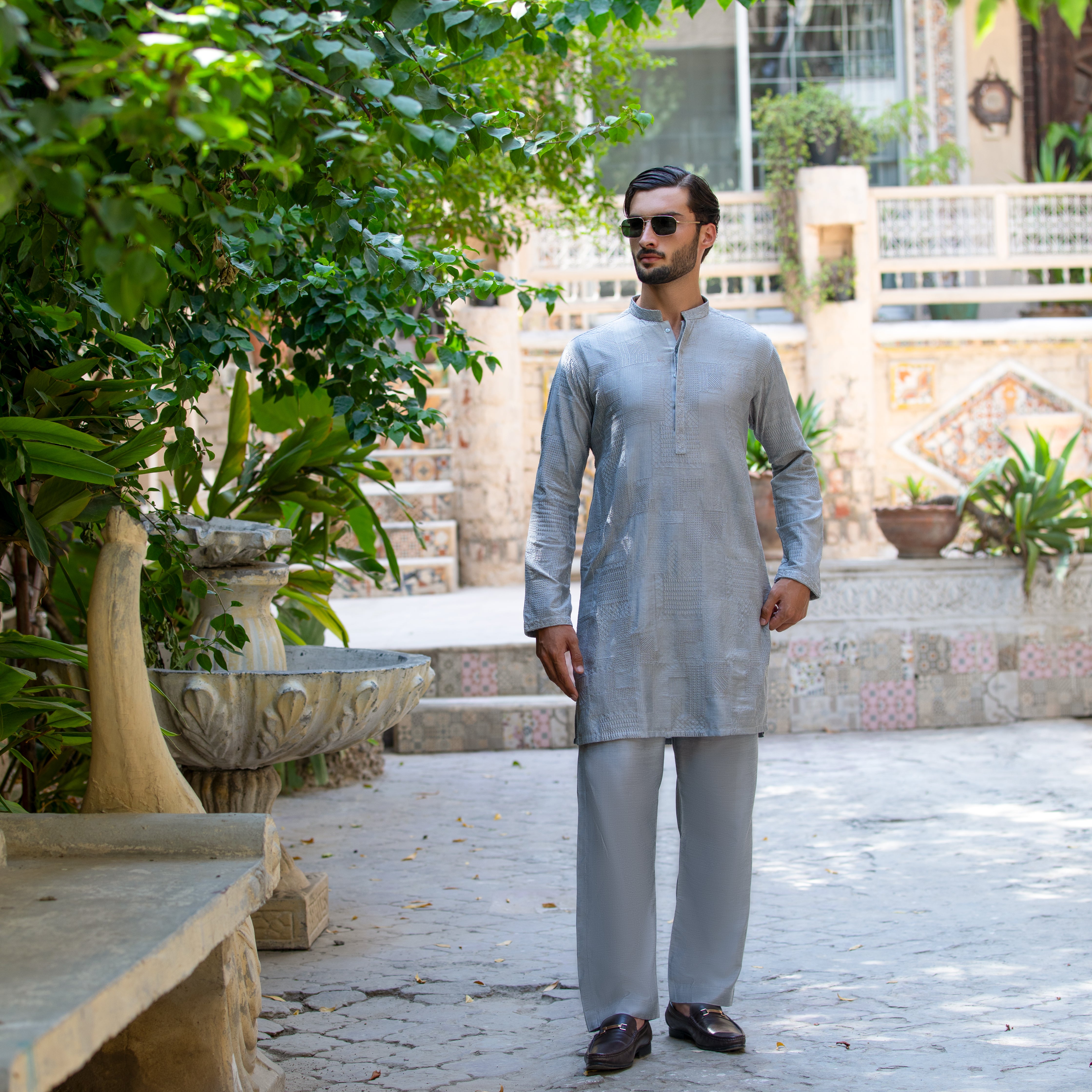 Arsalan Iqbal Ash Grey Embroidered Cotton Silk Kurta Pyjama Set Full Length View for Men