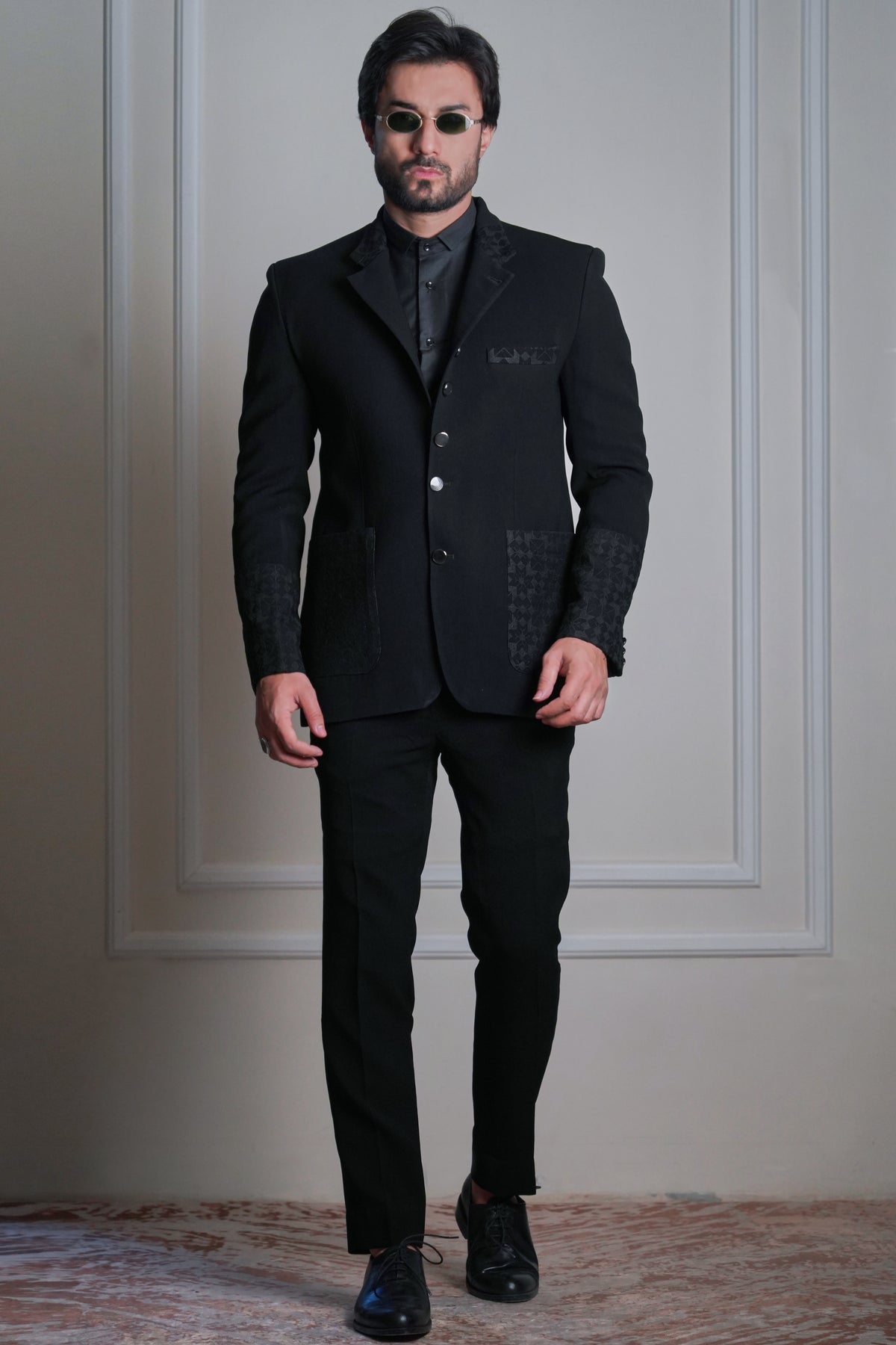 Men’s black designer 3-piece suit with textured detailing, tailored jacket and formal trousers premium menswear by Arsalan Iqbal.