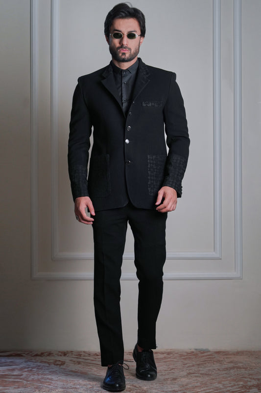 Men’s black designer 3-piece suit with textured detailing, tailored jacket and formal trousers premium menswear by Arsalan Iqbal.
