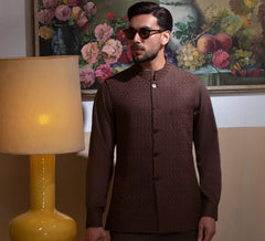 Arsalan Iqbal Chocolate Brown Kurta Pyjama with Embroidered Waistcoat for Men