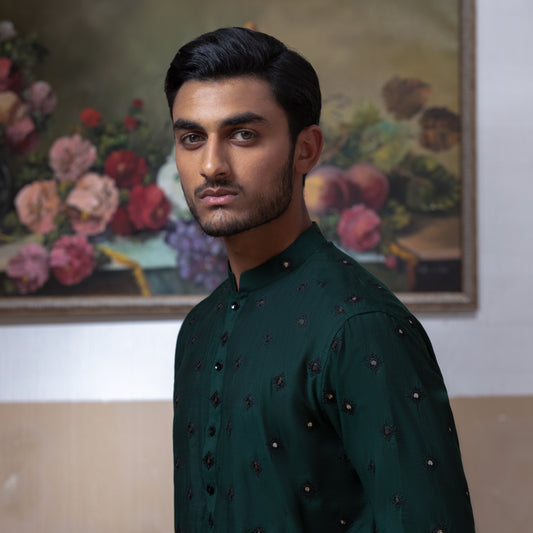 Arsalan Iqbal Emerald Green Embroidered Kurta Pyjama for Men
