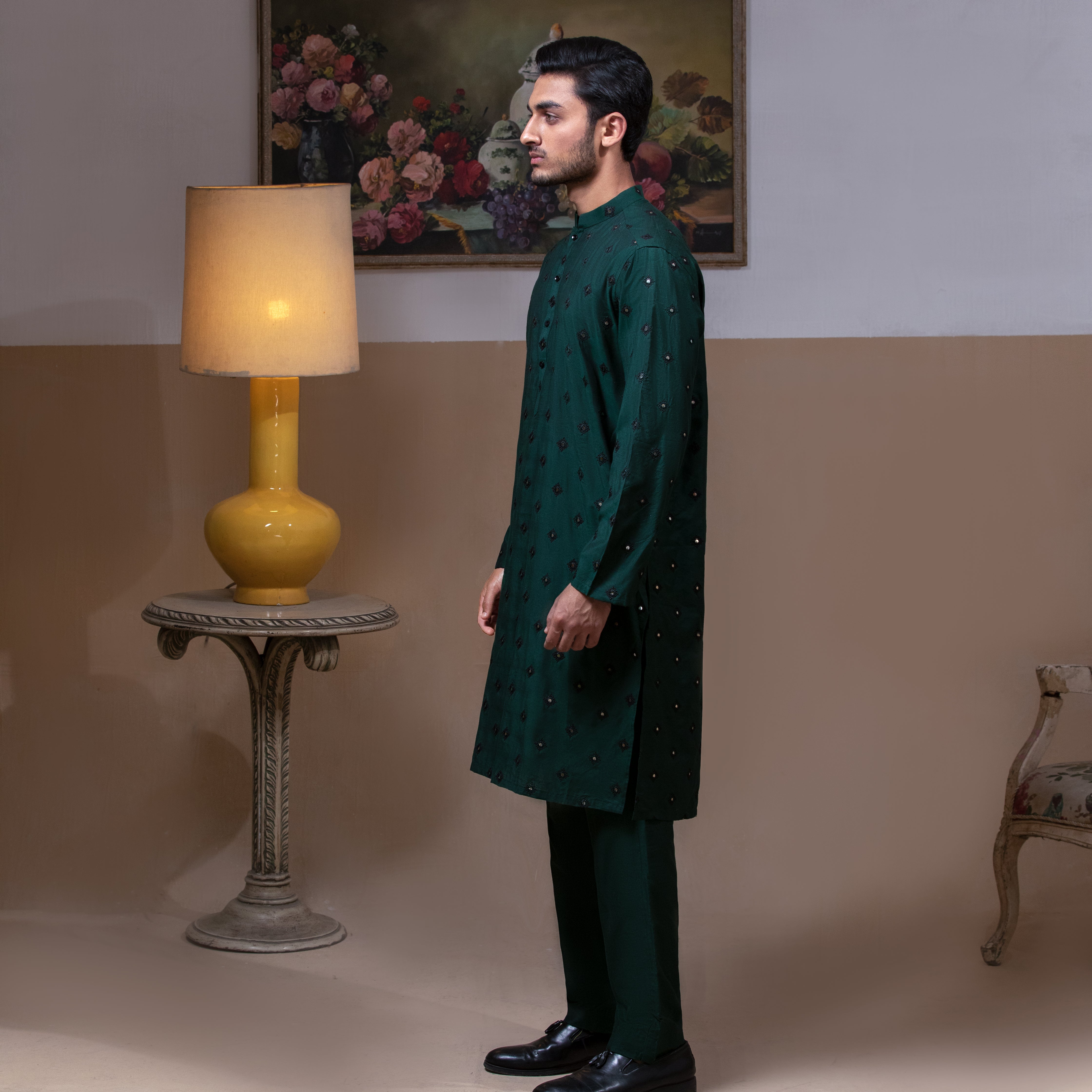 Arsalan Iqbal Emerald Green Embroidered Kurta Pyjama for Men