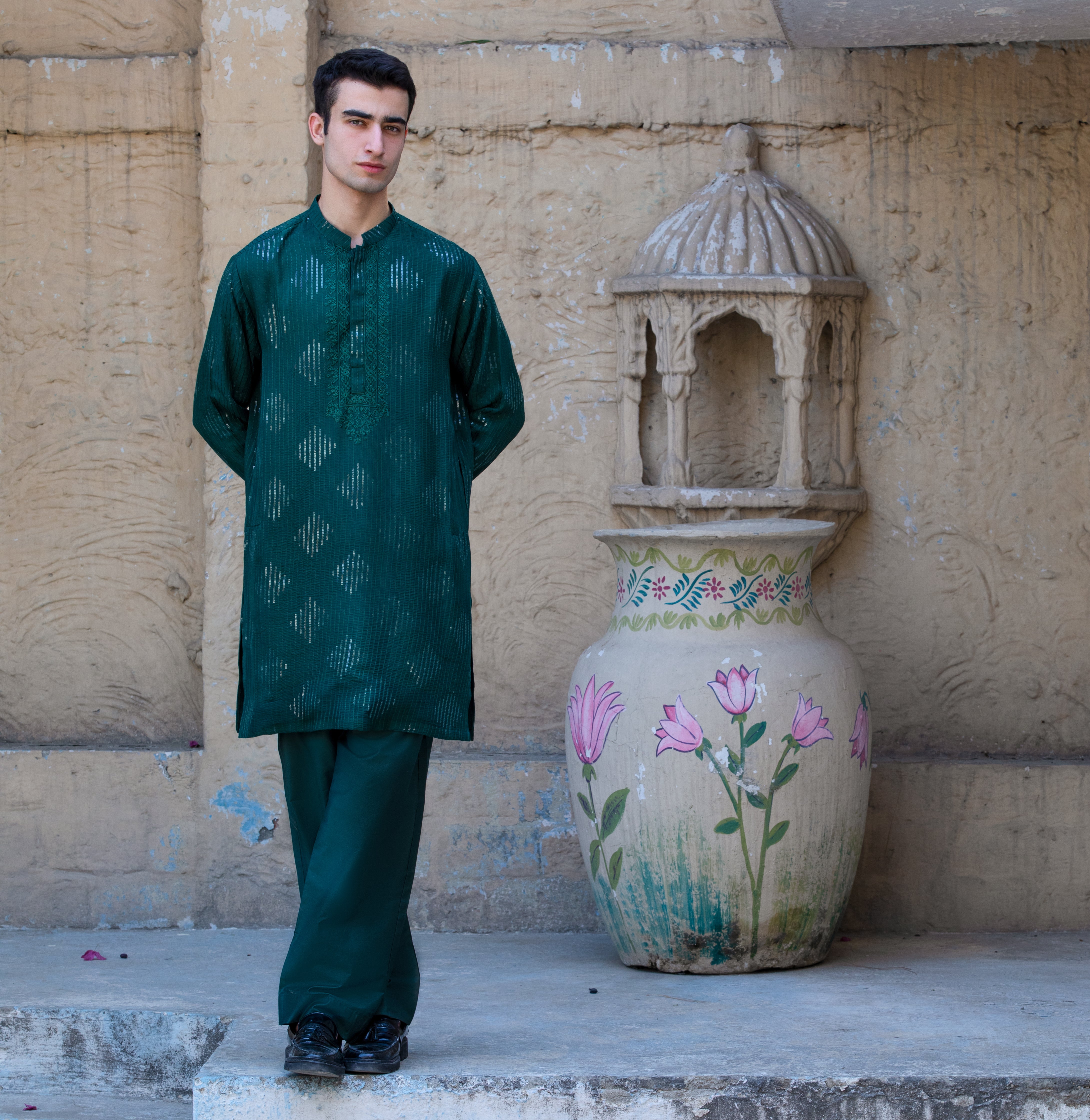 Arsalan Iqbal Emerald Green Embroidered & Sequined Raw Silk Kurta Pyjama Set Full Length View for Men