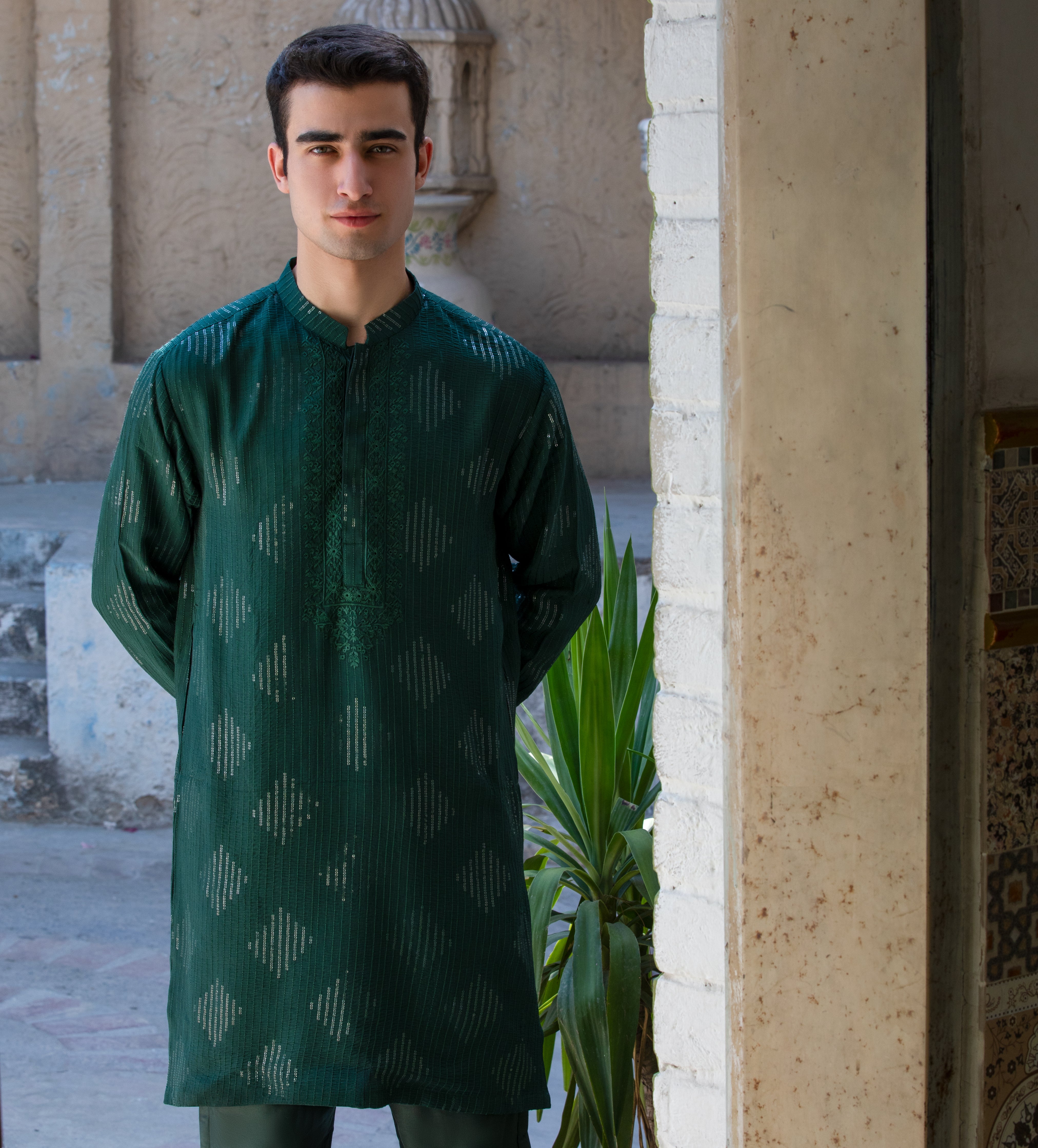 Arsalan Iqbal Emerald Green Embroidered & Sequined Raw Silk Kurta Pyjama Set Three-Quarter View for Men