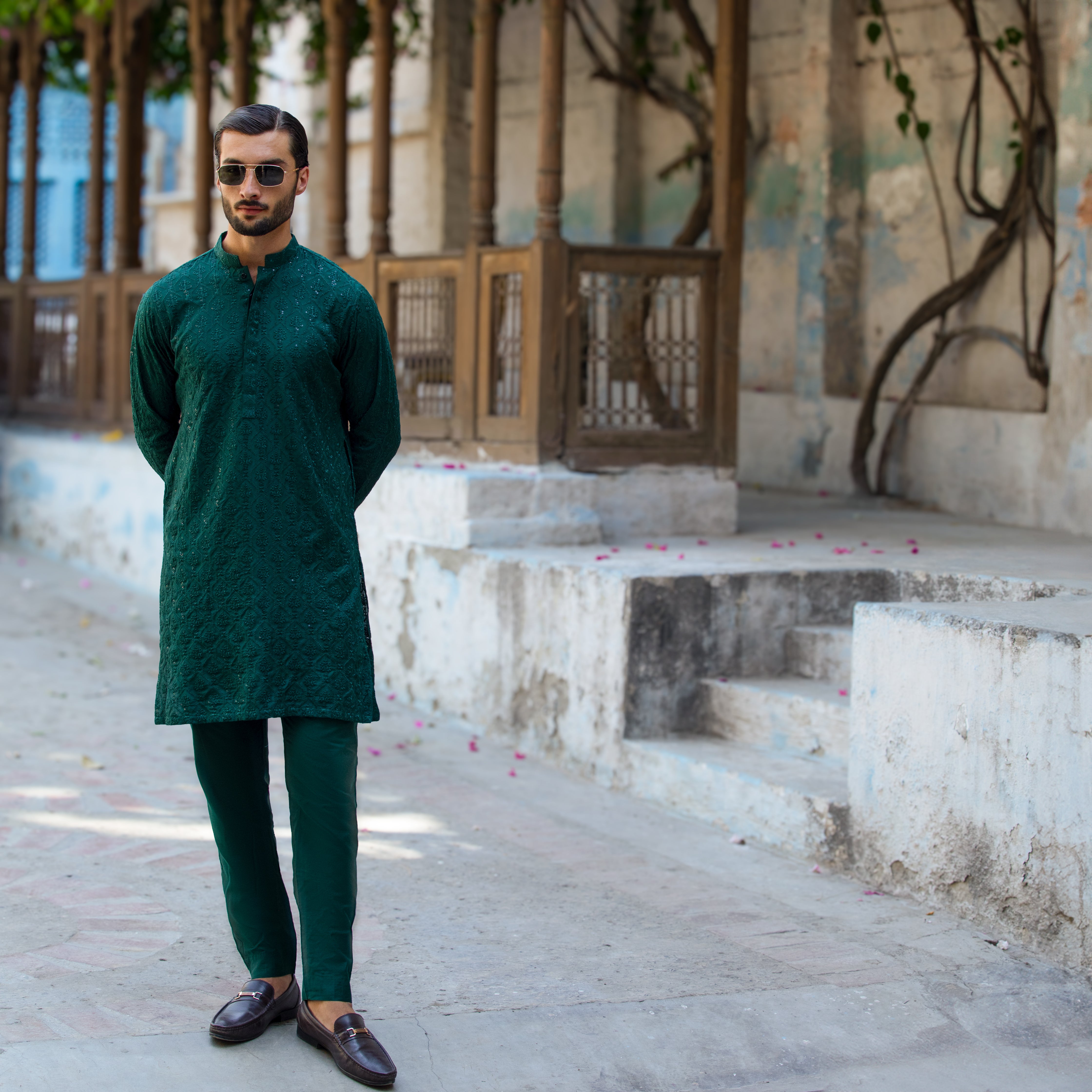 Arsalan Iqbal Emerald Green Thread Embroidered & Sequined Kurta Pyjama Set Full Length View for Men