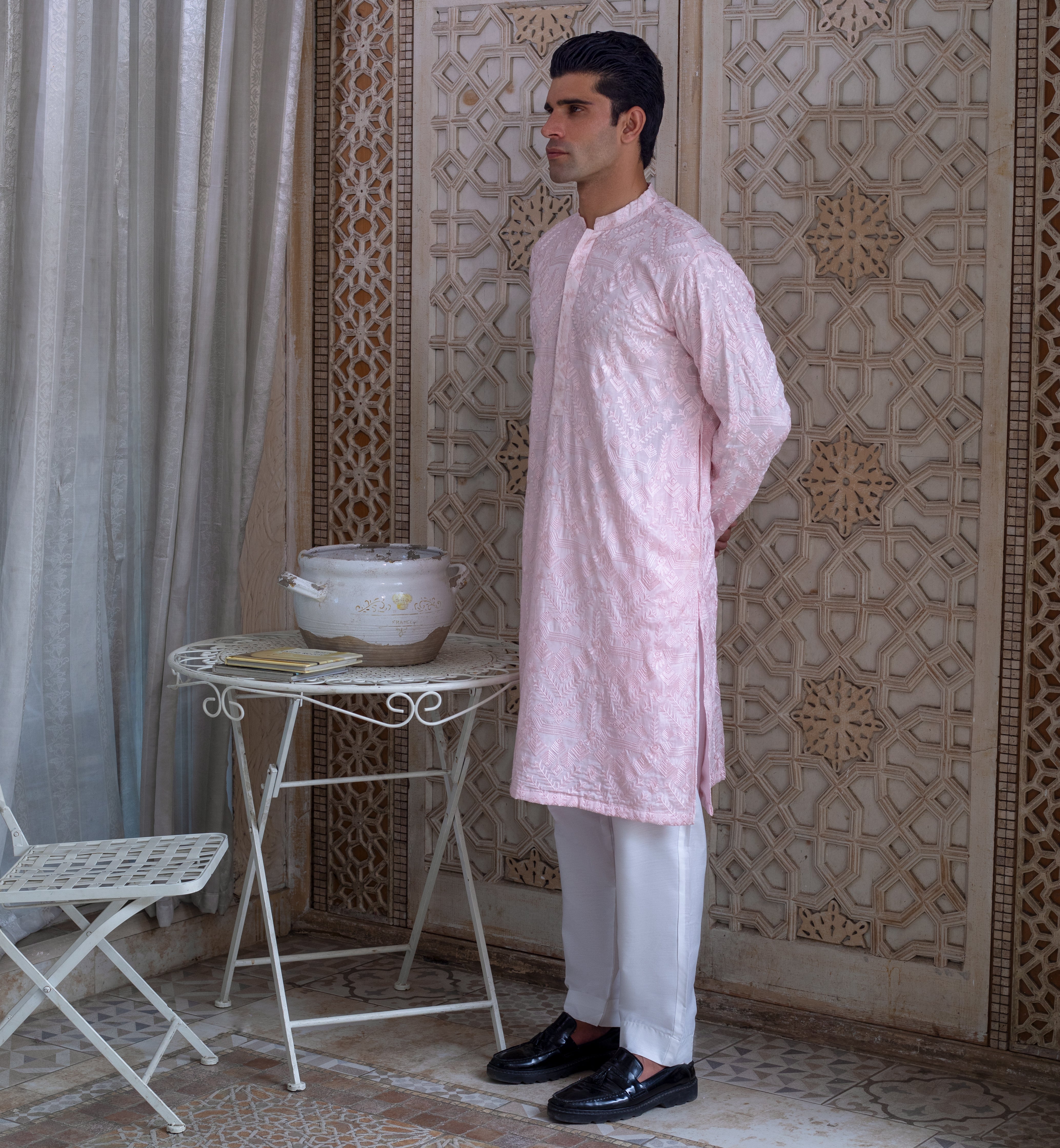 Arsalan Iqbal Faris Blush Pink Embroidered Kurta with White Boot Cut Pants Full Length Side Profile View for Men