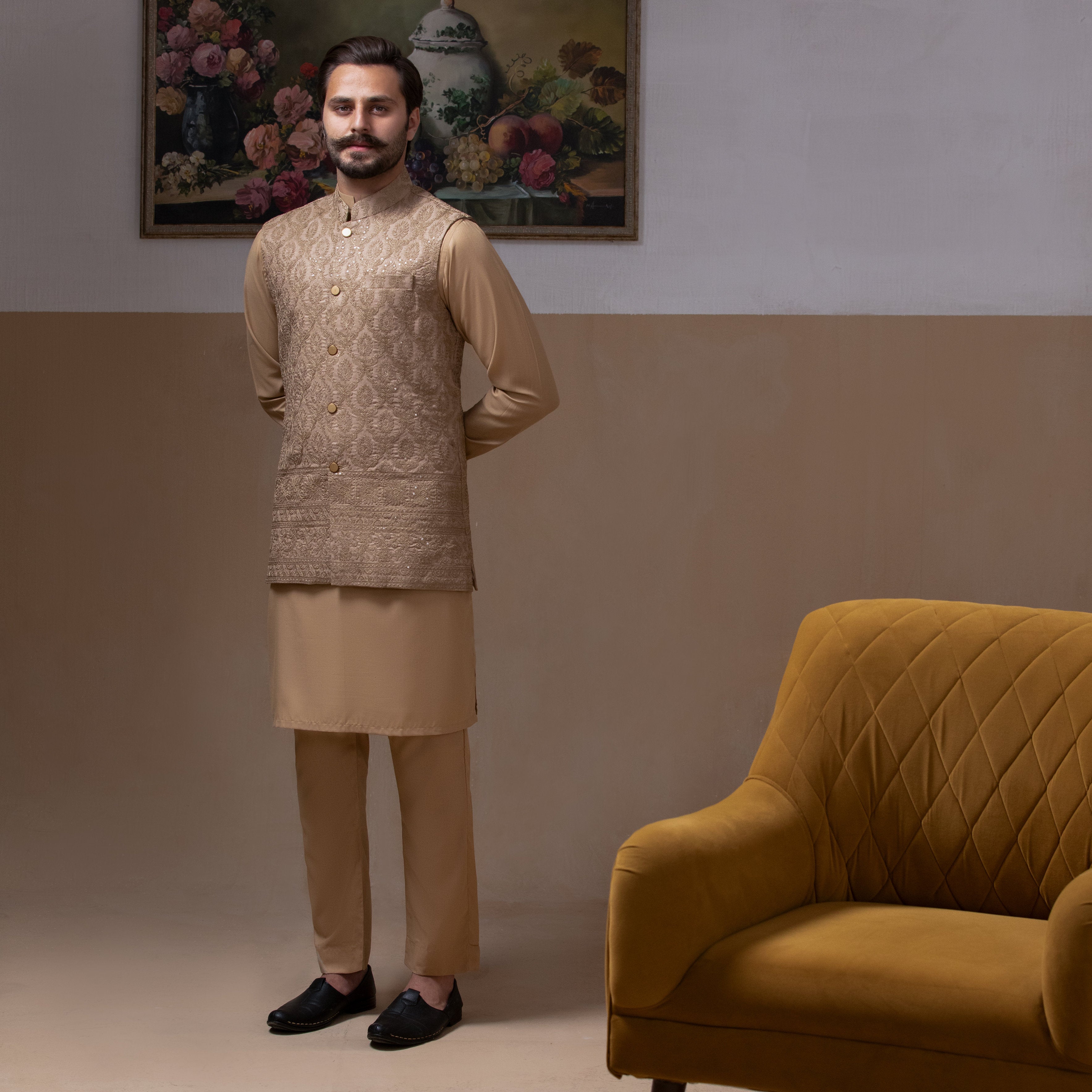 Arsalan Iqbal Haakim Beige Textured Waistcoat with Kurta & Pyjama Set Full Length Wide View for Men