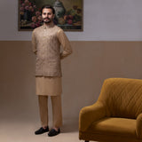 Arsalan Iqbal Haakim Beige Textured Waistcoat with Kurta & Pyjama Set Full Length Wide View for Men