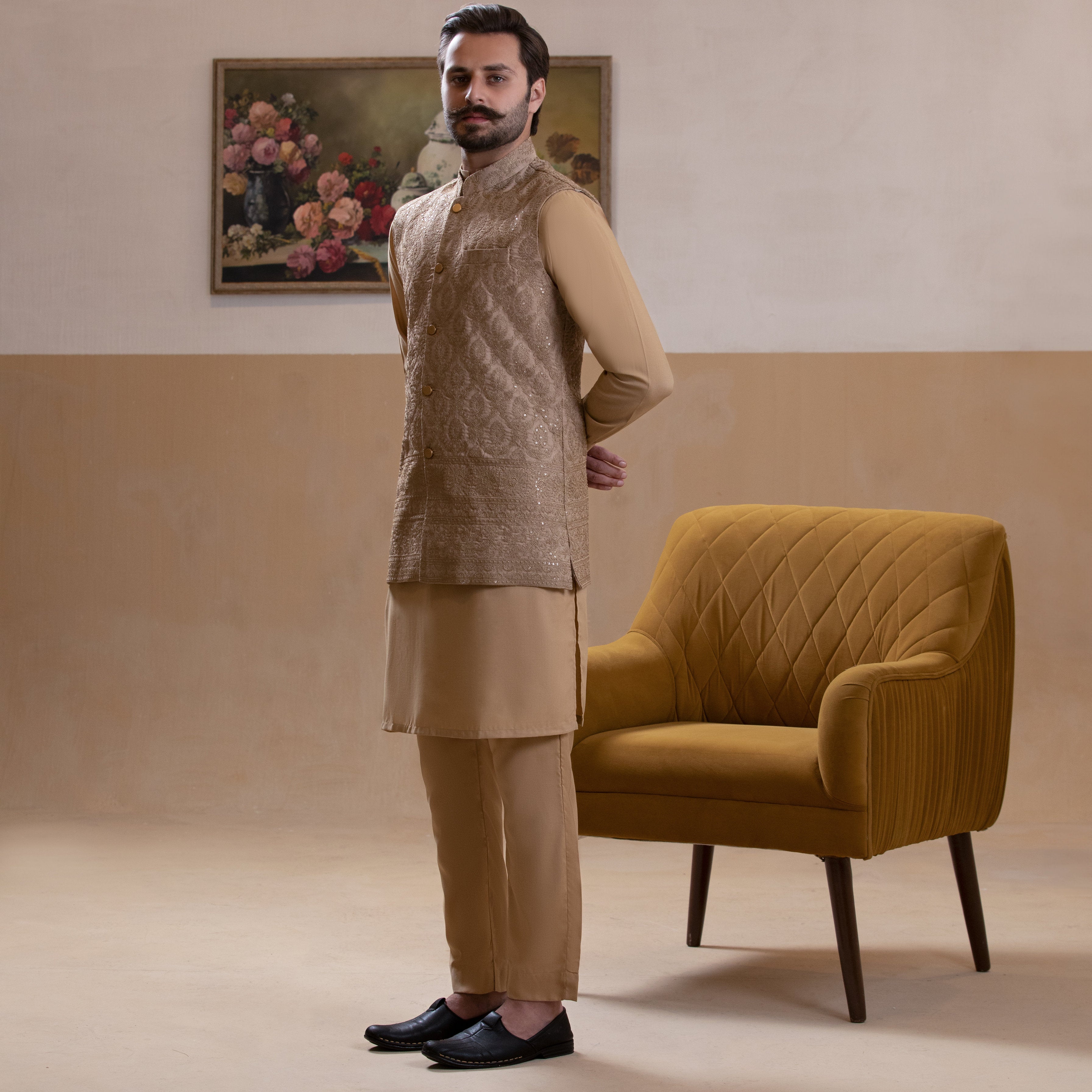 Arsalan Iqbal Haakim Beige Textured Waistcoat with Kurta & Pyjama Set Full Length Side Profile View for Men