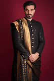 Arsalan Iqbal Jet Black Cordoba Artwork Sherwani with Gold Brocade Shawl Three-Quarter Length Front View for Men