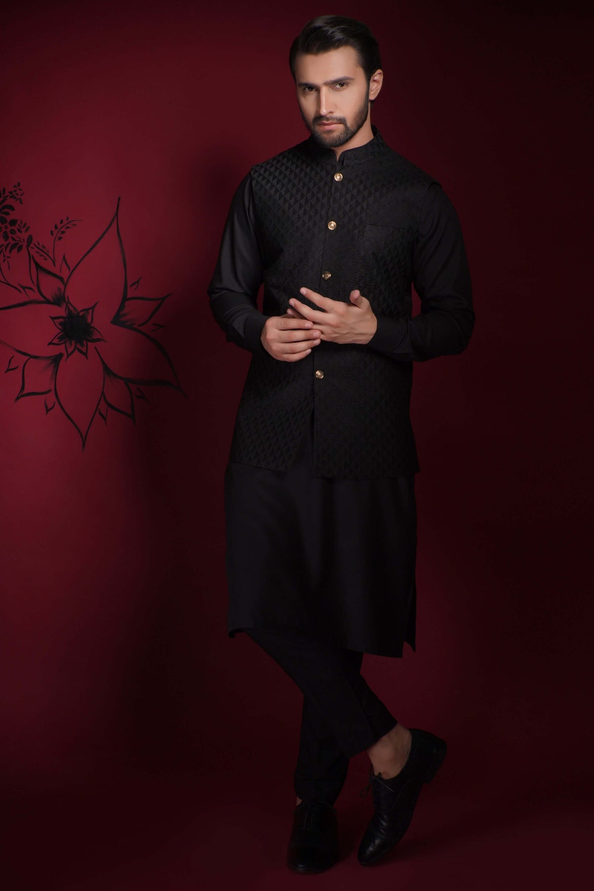 Arsalan Iqbal Jet Black Diamond Textured Embroidered Waistcoat Set Full Length Front View for Men