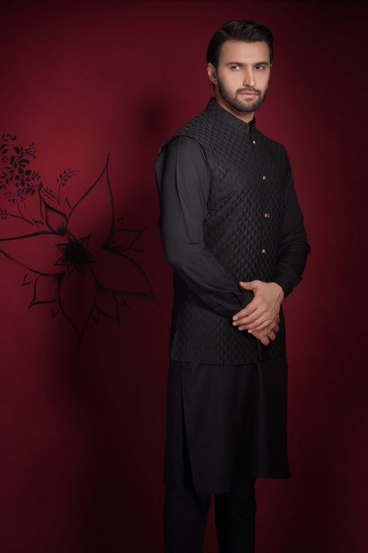 Arsalan Iqbal Jet Black Diamond Textured Embroidered Waistcoat Set Knee-Length View for Men