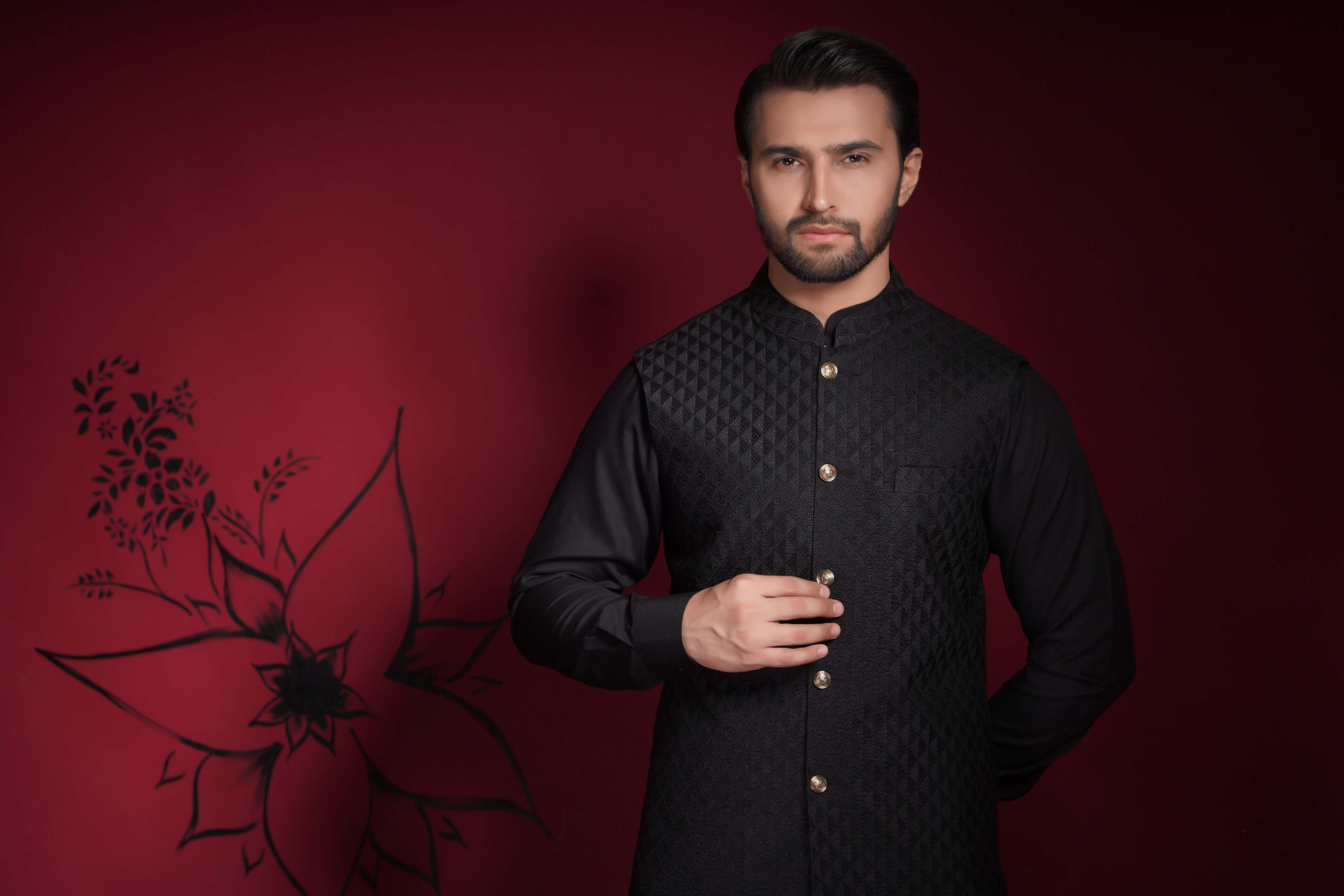 Arsalan Iqbal Jet Black Diamond Textured Embroidered Waistcoat Set Upper Body Close-Up View for Men