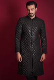 Arsalan Iqbal Jet Black Mirror Worked Sherwani Three-Quarter Length Front View for Men