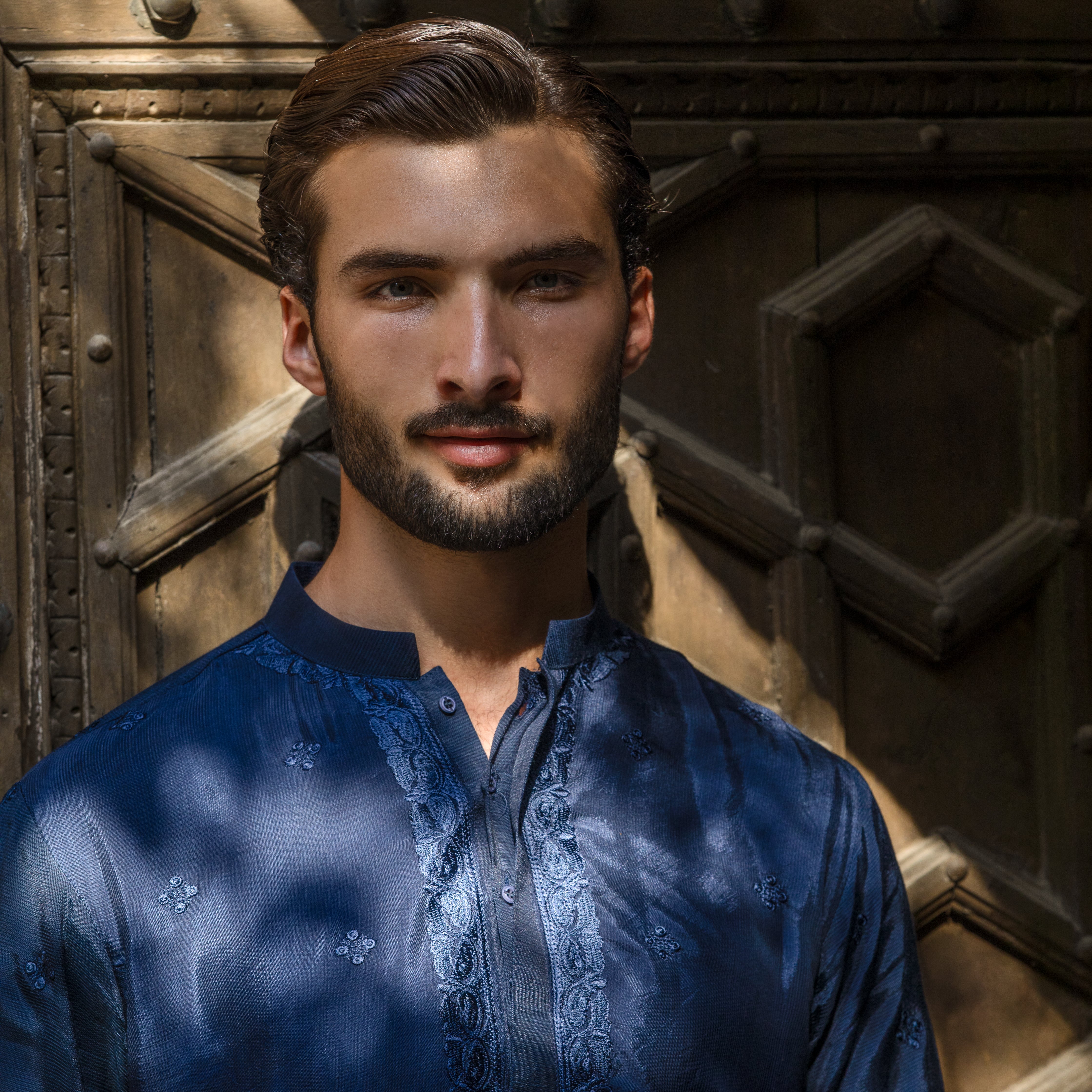 Arsalan Iqbal Mehran 1.0 Navy Blue Embroidered Kurta Direct Headshot Portrait for Men   