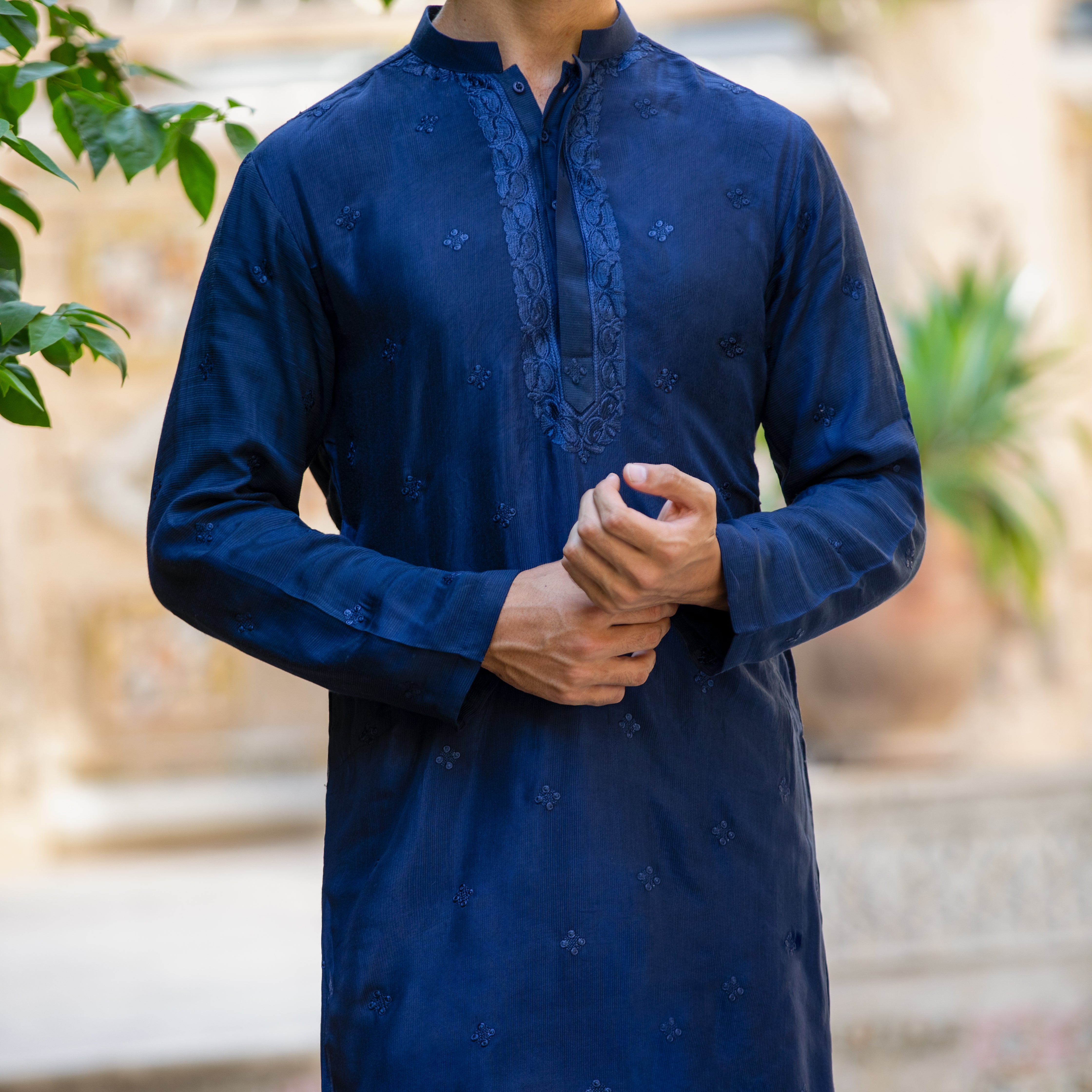 Arsalan Iqbal Mehran 1.0 Navy Blue Embroidered Kurta Upper Body Torso Detail View for Men   
