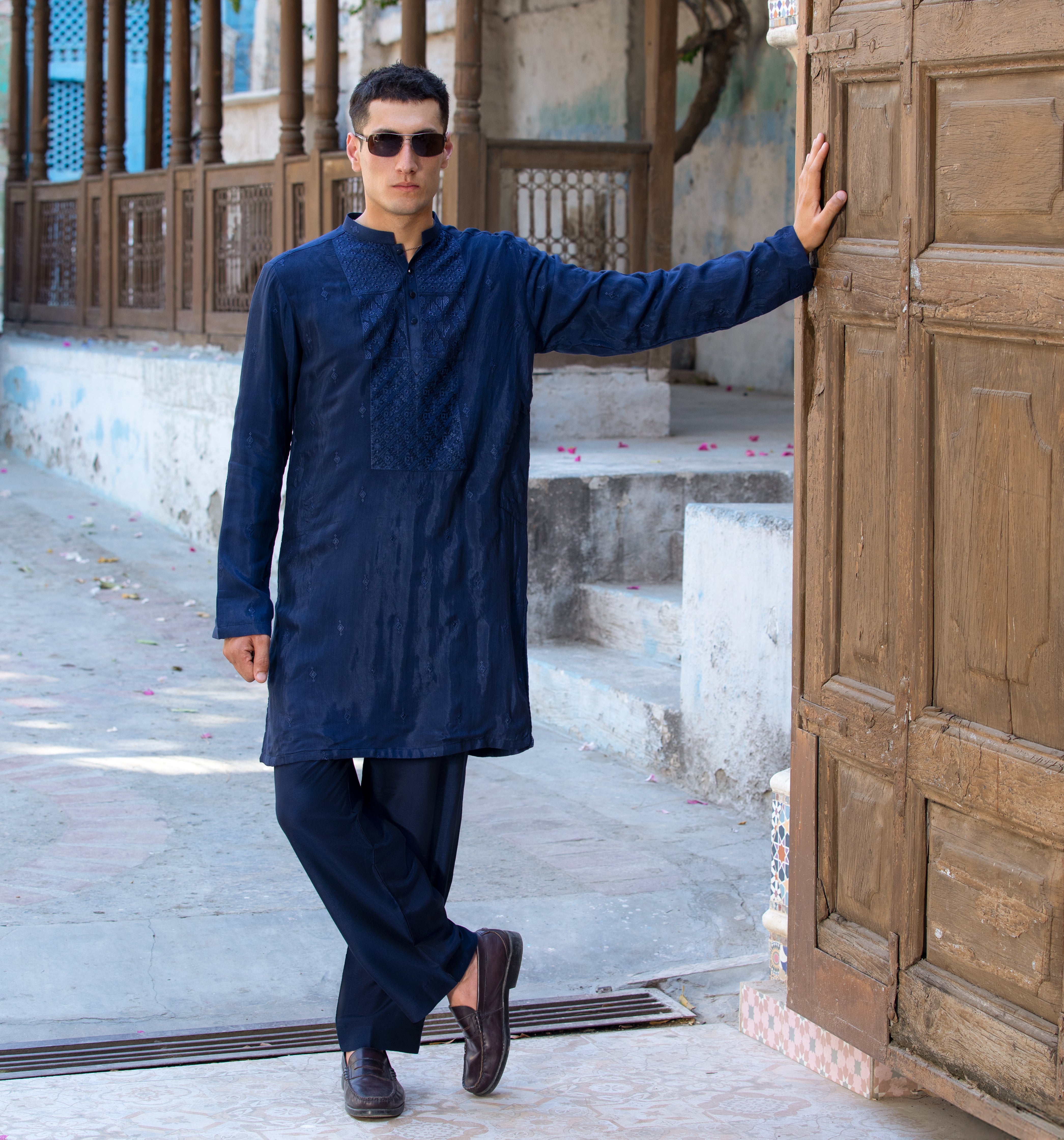 Arsalan Iqbal Navy Blue Embroidered Raw Silk Kurta Loose Pyjama Set Full Length Standing View for Men