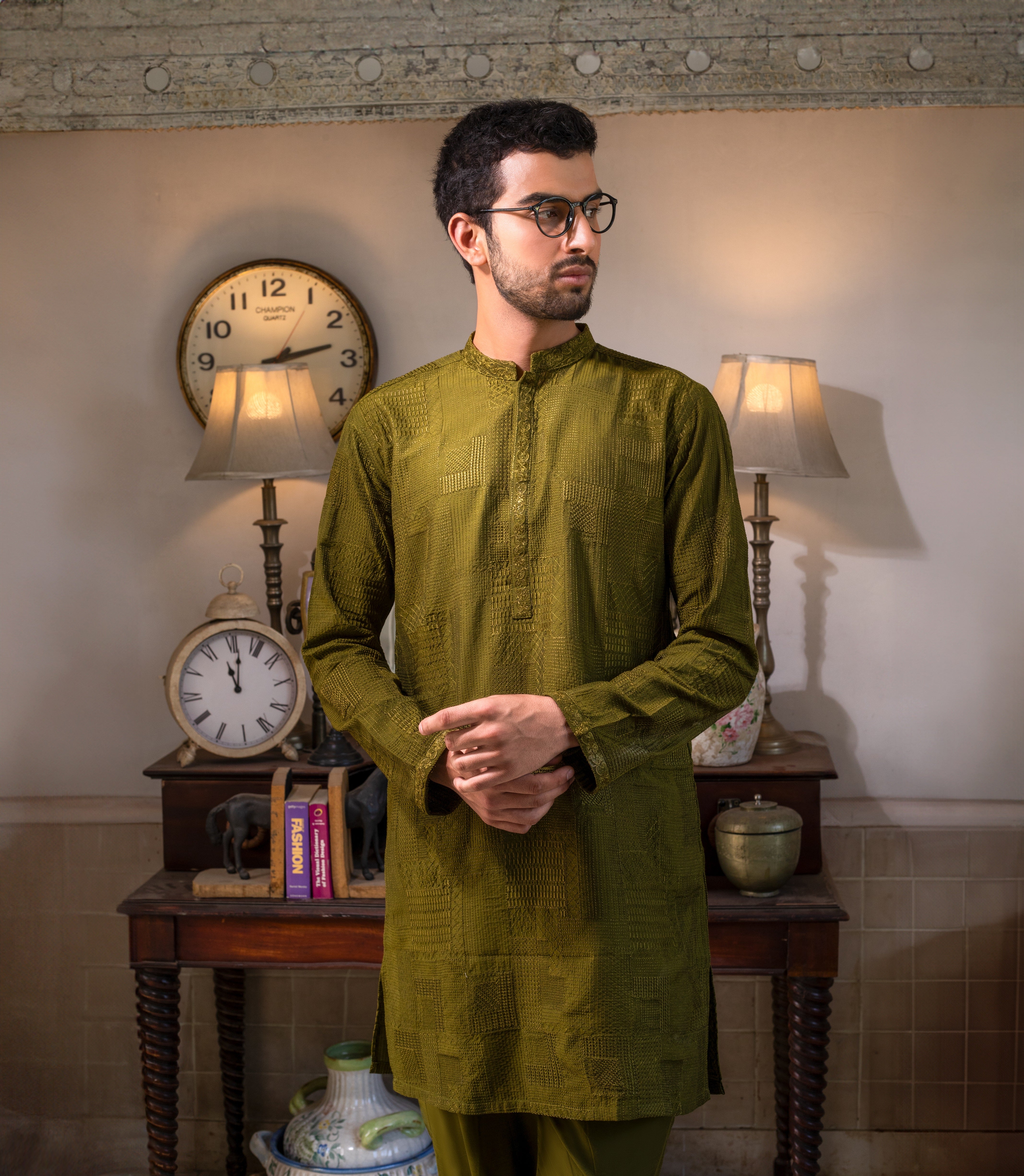 Arsalan Iqbal Olive Green Embroidered Cotton Silk Kurta Pyjama Set Three-Quarter View for Men
