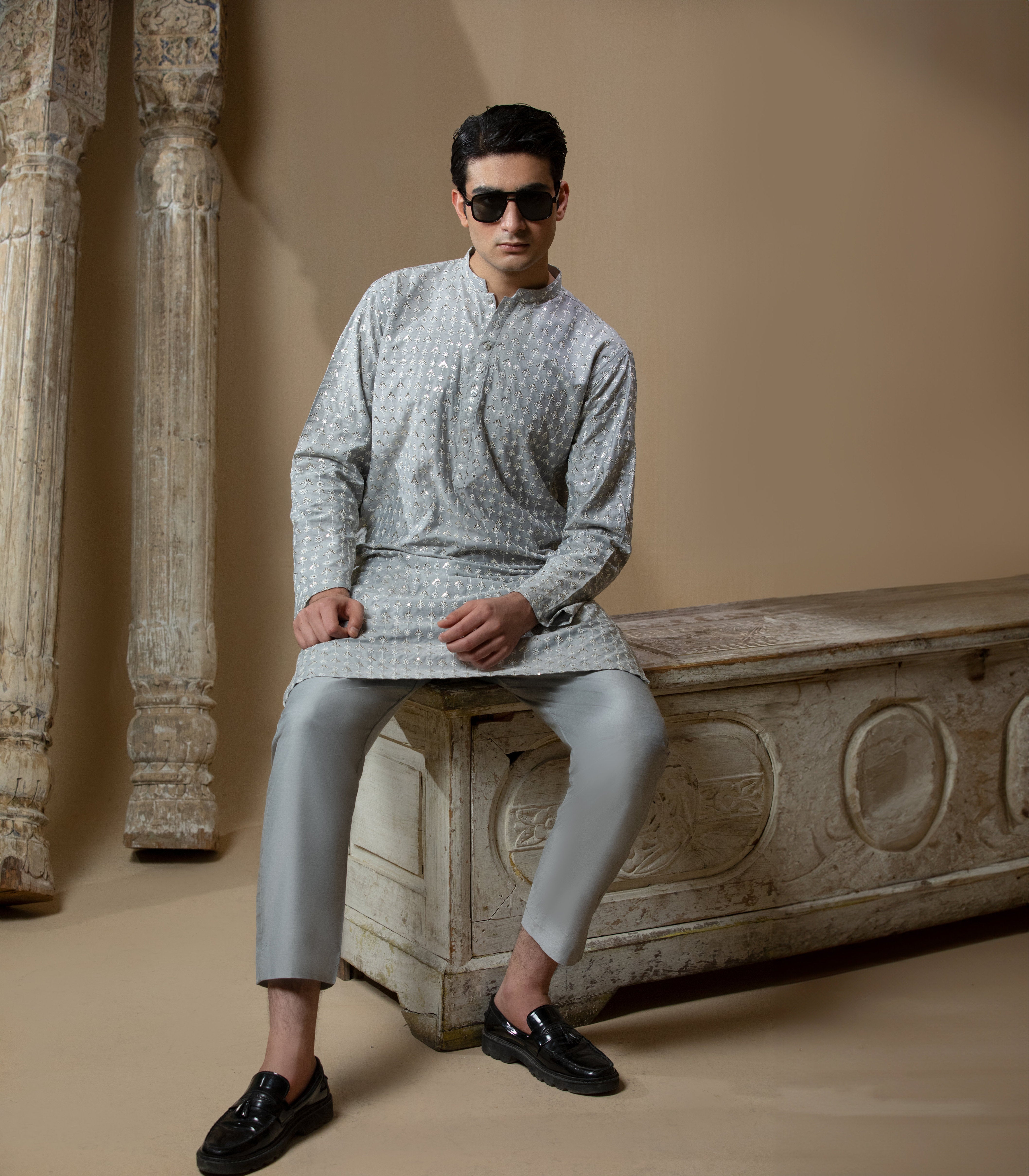 Arsalan Iqbal Sooch'2026 Ash Grey Sequined Chikankari Kurta and Pyjama Full Length Seated View for Men