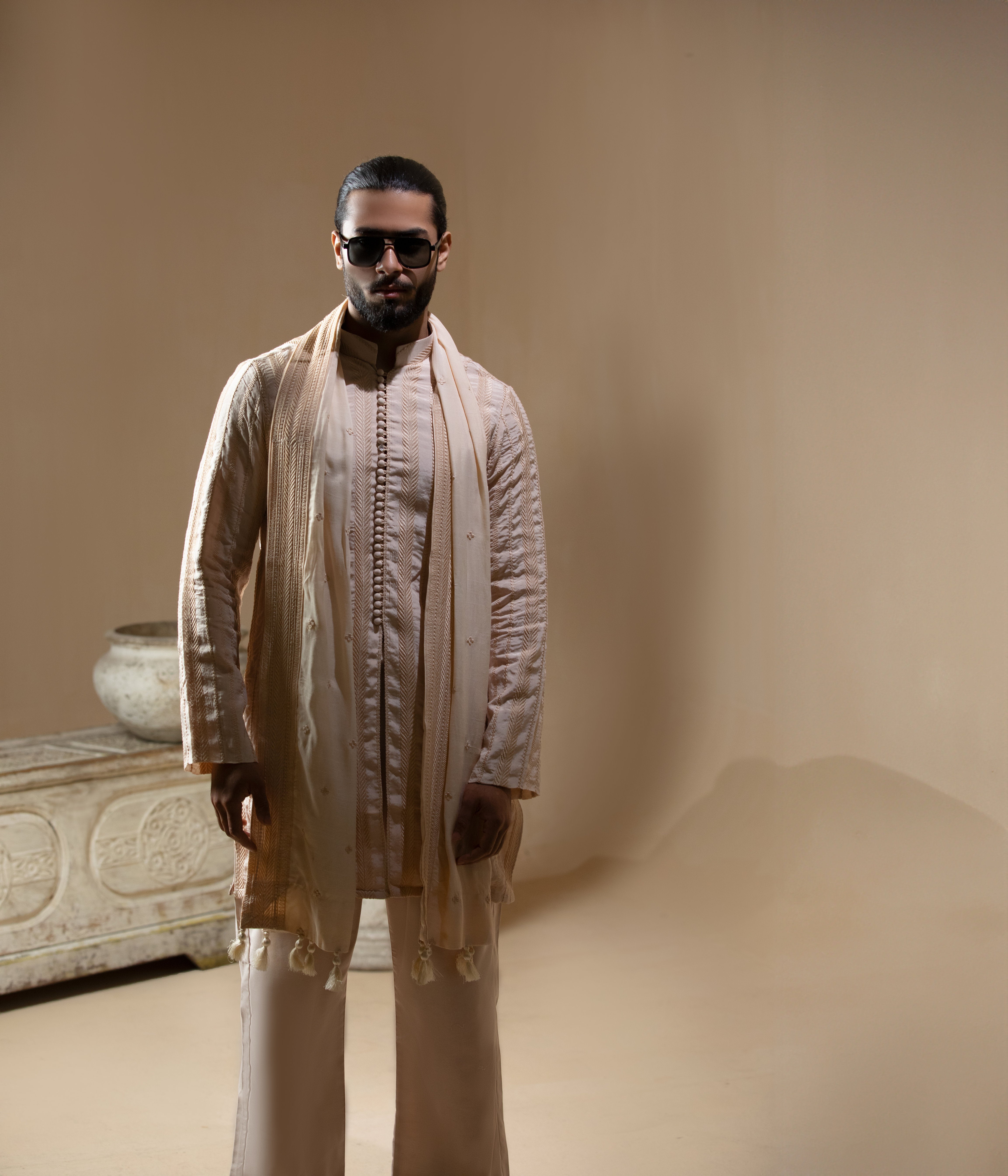 Arsalan Iqbal Sooch'2026 Chevron Embroidered Front Open Kurta with Wide-Leg Pants and Patka Three-Quarter Length View for Men