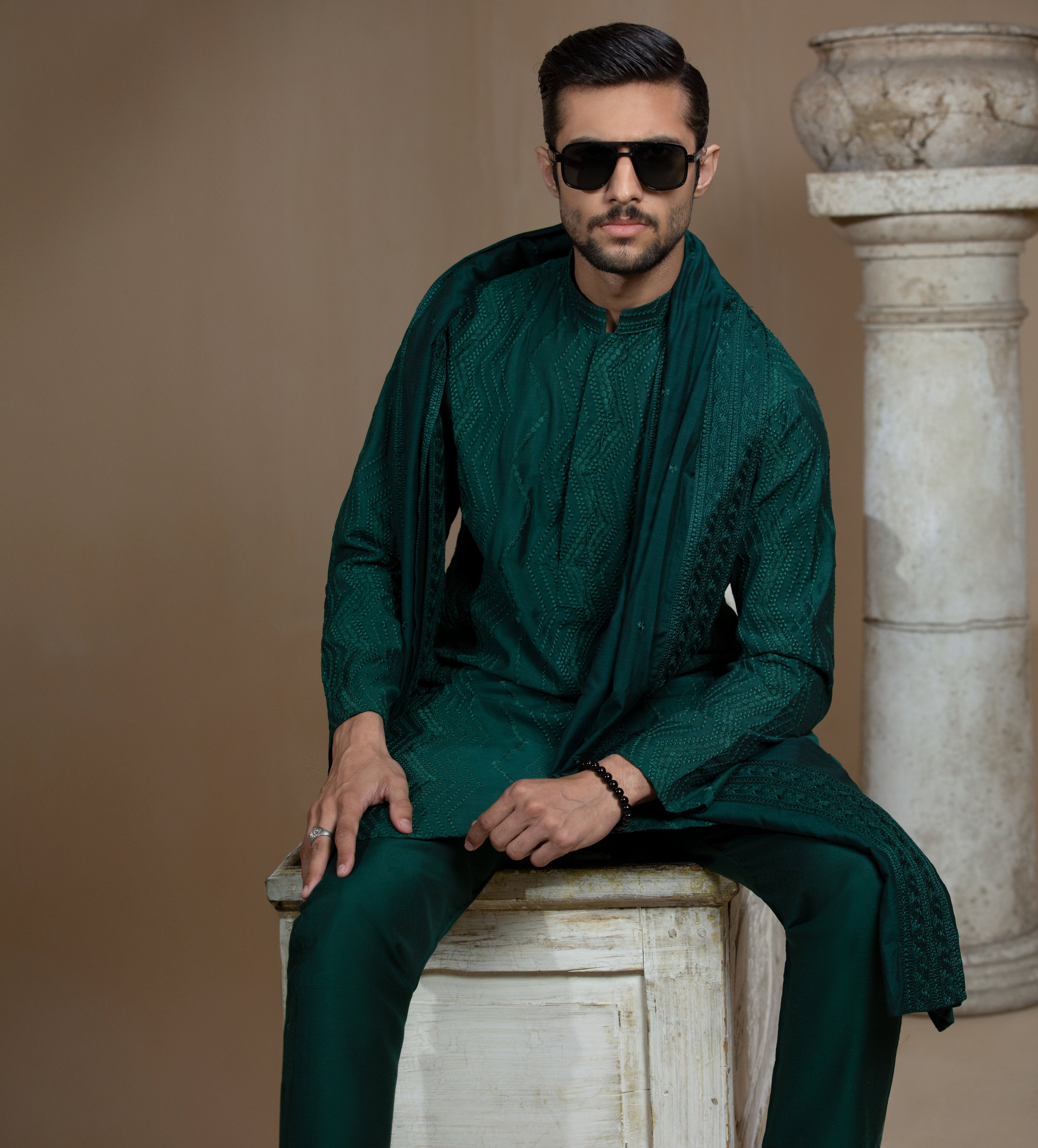 Arsalan Iqbal Sooch'2026 Dark Green Chikankari Kurta Pyjama Set with Patka Seated View for Men