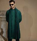 Arsalan Iqbal Sooch'2026 Dark Green Chikankari Kurta Pyjama Set with Patka Three-Quarter Standing View for Men