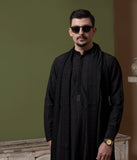Arsalan Iqbal Sooch'2026 Jet Black Chikankari Kurta Pyjama Set with Patka Three-Quarter View for Men