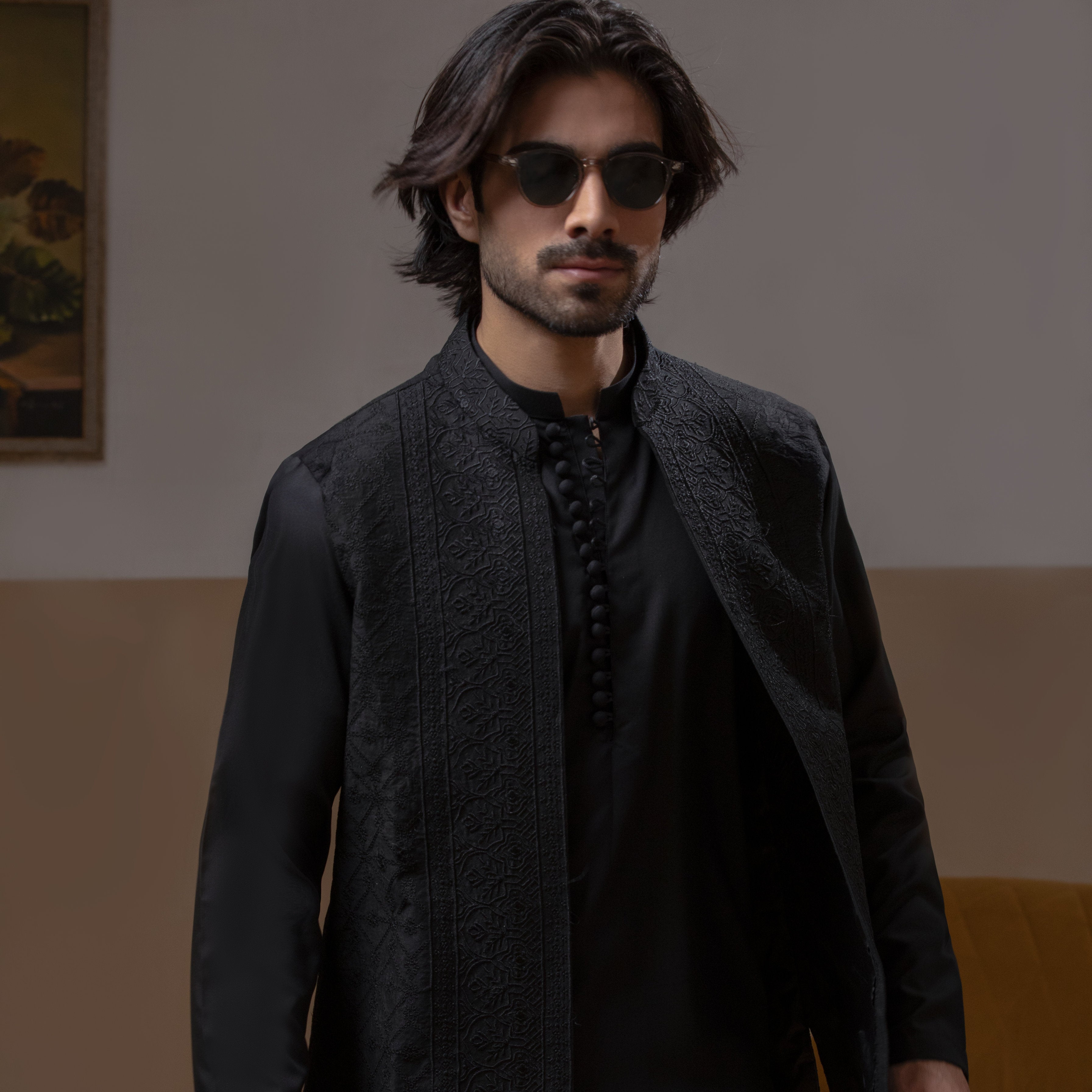 Arsalan Iqbal Sooch'2026 Jet Black Matte Front Open Waistcoat with IronEZ Kurta & Pyjama Set Portrait View for Men