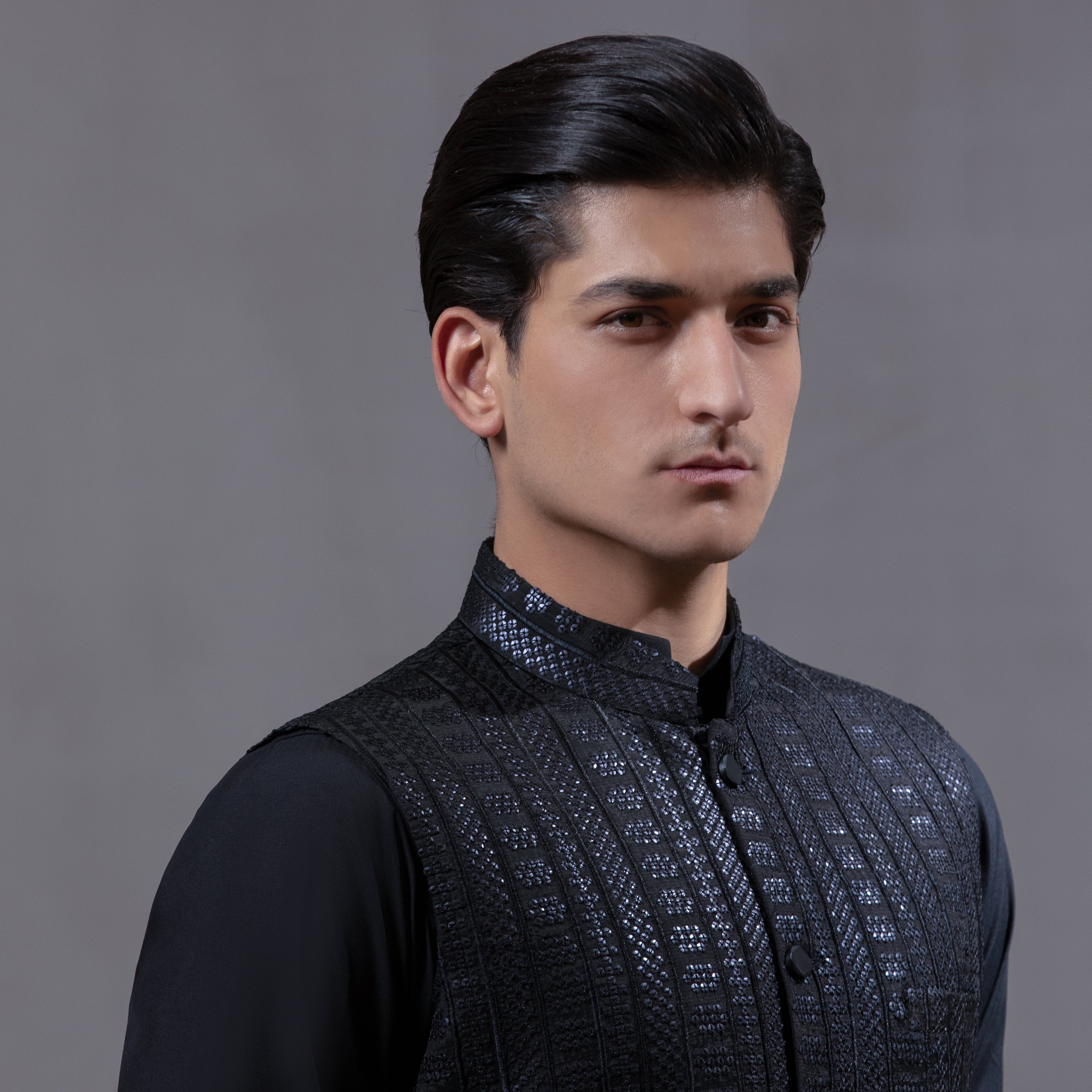 Arsalan Iqbal Sooch'2026 Jet Black Mirror Sequin Waistcoat Close-Up Headshot View for Men