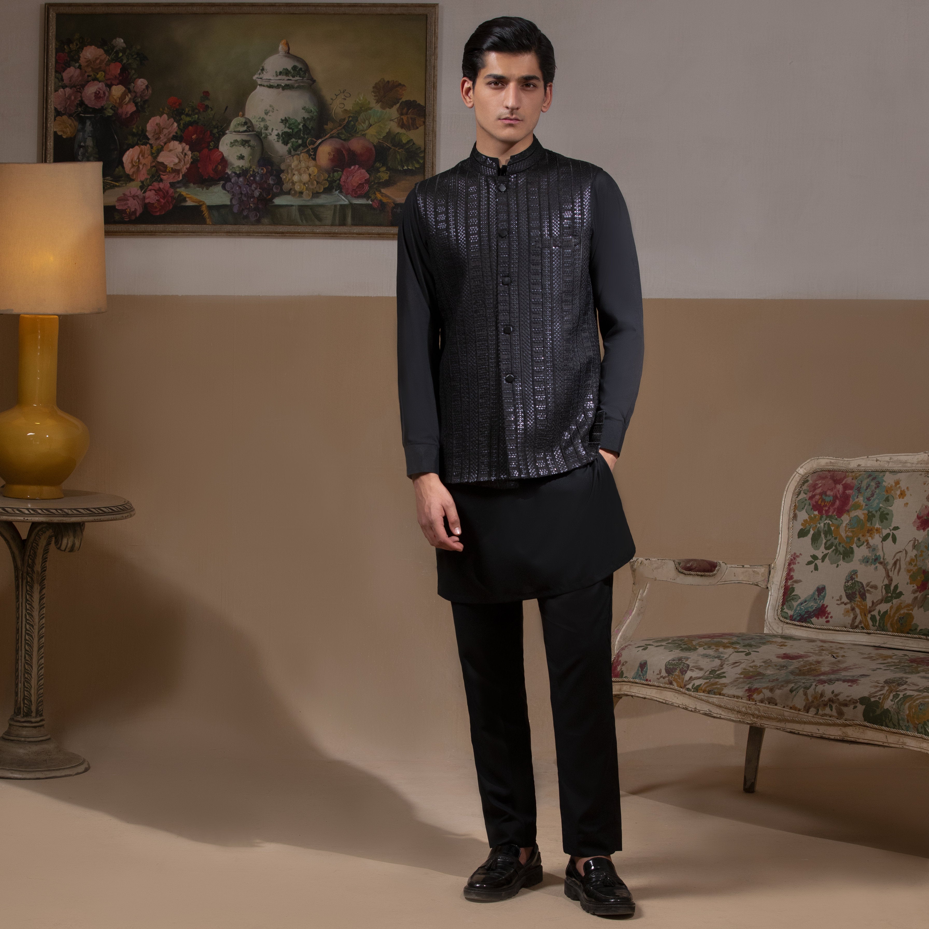 Arsalan Iqbal Sooch'2026 Jet Black Mirror Sequin Waistcoat with Kurta & Pyjama Set Full Length View for Men