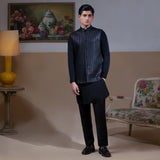 Arsalan Iqbal Sooch'2026 Jet Black Mirror Sequin Waistcoat with Kurta & Pyjama Set Full Length View for Men