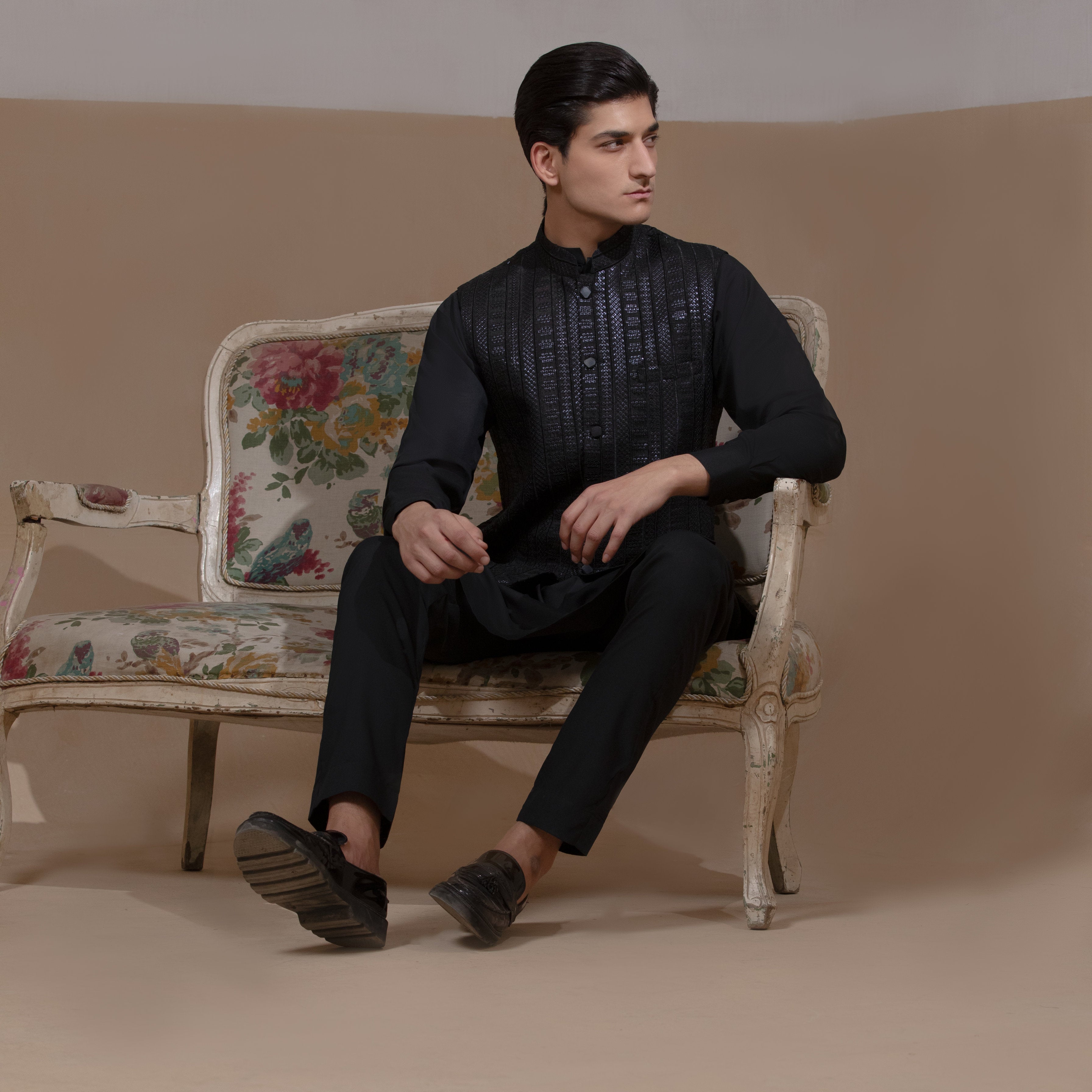 Arsalan Iqbal Sooch'2026 Jet Black Mirror Sequin Waistcoat with Kurta & Pyjama Set Seated View for Men
