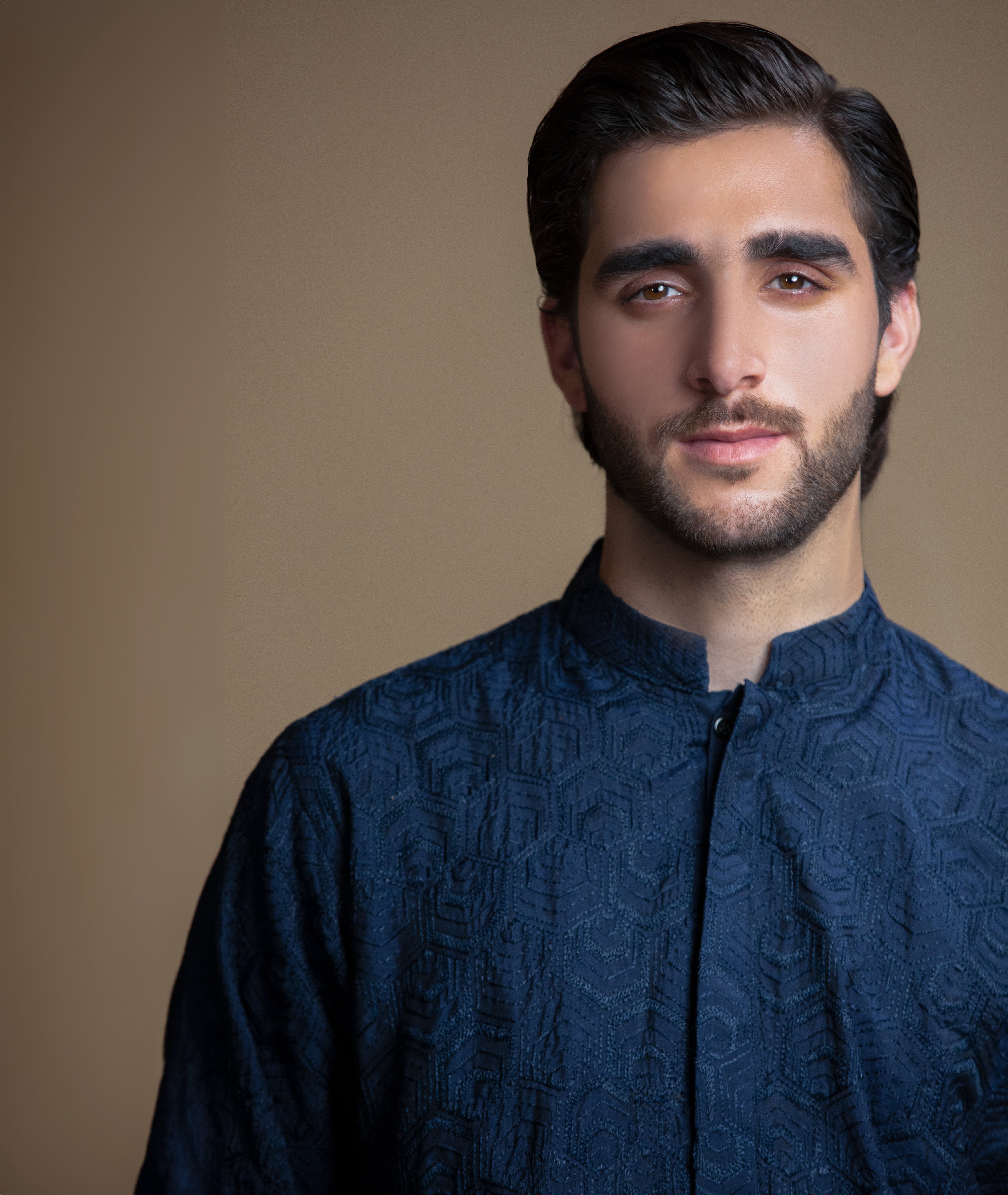 Arsalan Iqbal Sooch'2026 Midnight Blue Chikankari Cotton Silk Kurta & Pyjama Set Close-Up Headshot View for Men