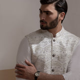 Arsalan Iqbal Sooch'2026 Off-White & Silver Embroidered Waistcoat with Kurta & Pyjama Set Close-Up Portrait View for Men