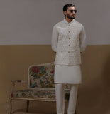 Arsalan Iqbal Sooch'2026 Off-White & Silver Embroidered Waistcoat with Kurta & Pyjama Set Three-Quarter View for Men