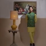 Arsalan Iqbal Sooch'2026 Reza Emerald Green Printed Waistcoat with Antique Gold Kurta & Pyjama Set Full Length View for Men