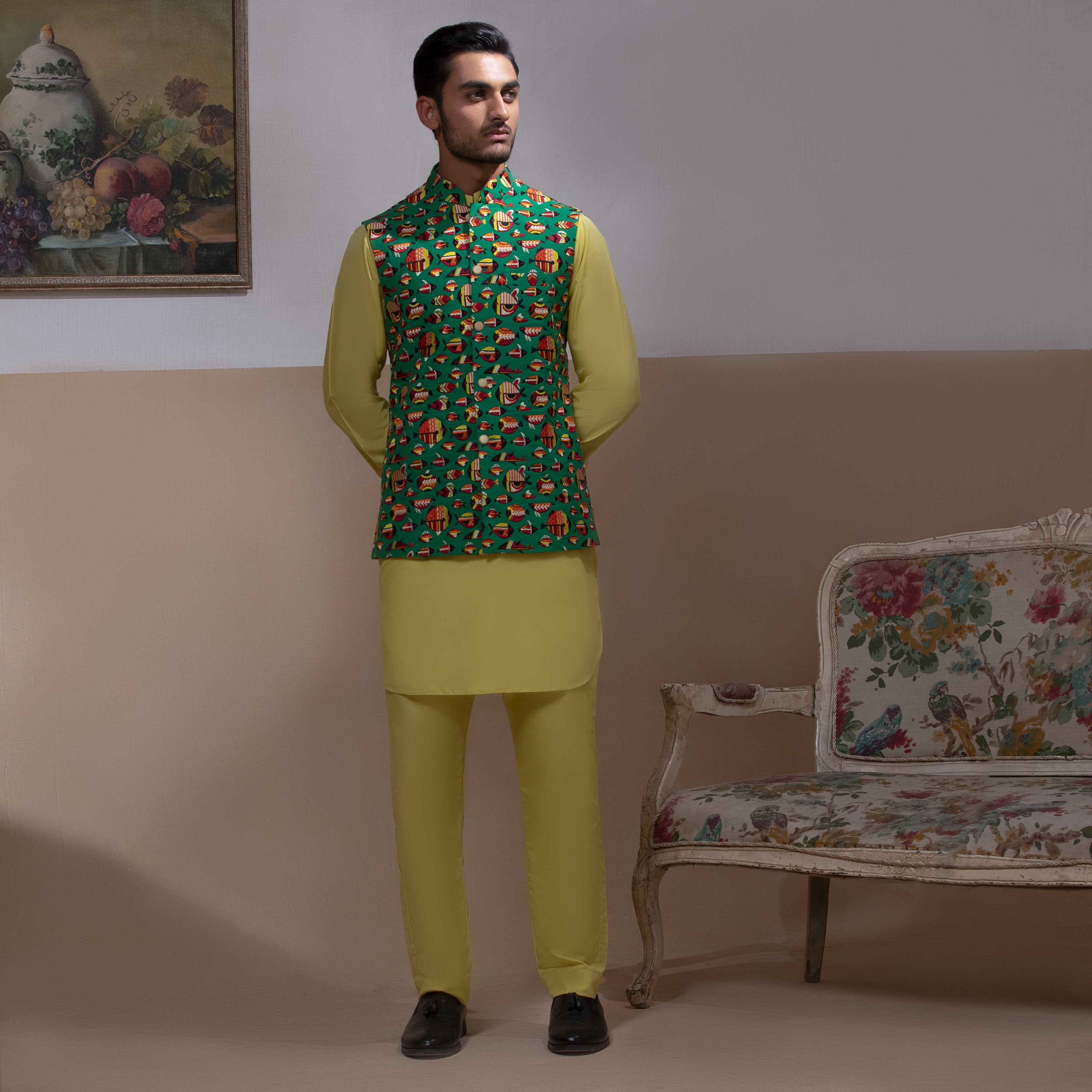 Arsalan Iqbal Sooch'2026 Reza Emerald Green Printed Waistcoat with Antique Gold Kurta & Pyjama Set Full Length View for Men