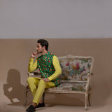 Arsalan Iqbal Sooch'2026 Reza Emerald Green Printed Waistcoat with Antique Gold Kurta & Pyjama Set Seated View for Men