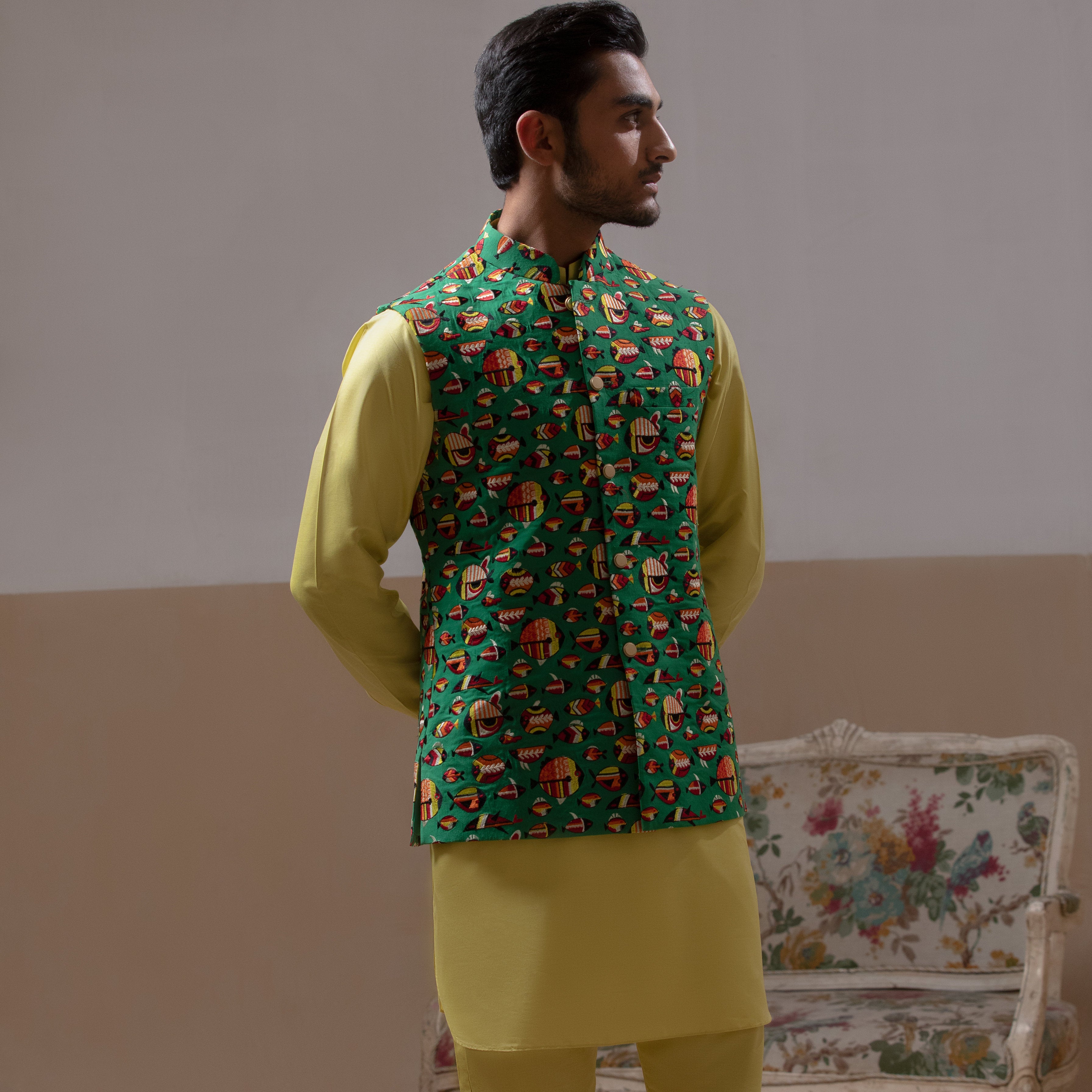 Arsalan Iqbal Sooch'2026 Reza Emerald Green Printed Waistcoat with Antique Gold Kurta & Pyjama Set Thigh-Length View for Men