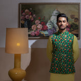 Arsalan Iqbal Sooch'2026 Reza Emerald Green Printed Waistcoat with Antique Gold Kurta & Pyjama Set Upper Body View for Men