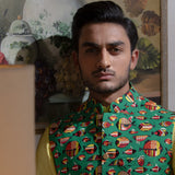 Arsalan Iqbal Sooch'2026 Reza Emerald Green Printed Waistcoat with Antique Gold Kurta & Pyjama Set Close-Up View for Men