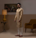 Arsalan Iqbal Sooch'2026 Zeba Shades of Gold Handcrafted Zardozi Sherwani Full Length Side Profile View for Men