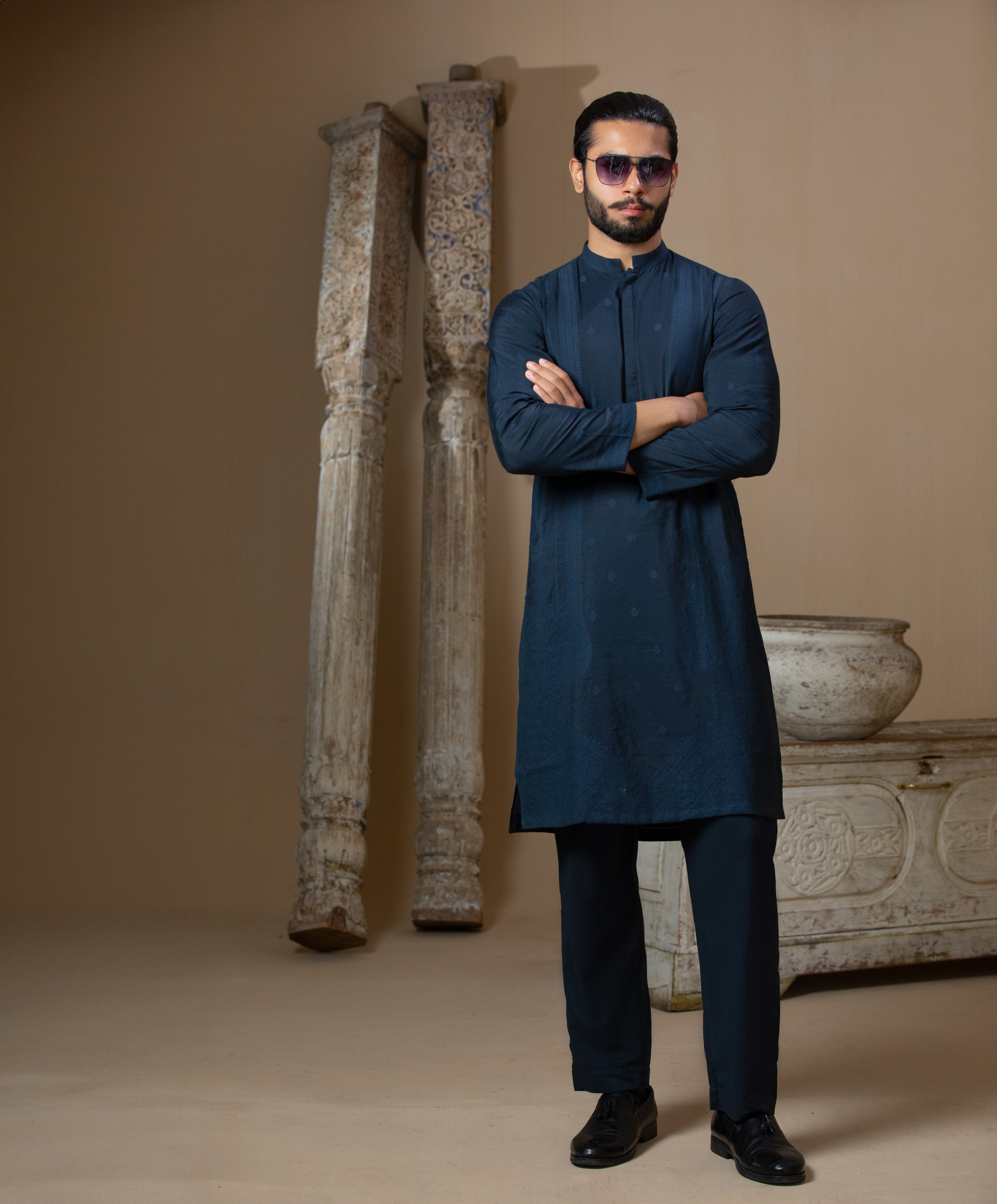Arsalan Iqbal Teal Blue Textured Kurta Pyjama for Men