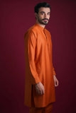 Arsalan Iqbal Waistcoat Collection Jamawar Burnt Orange Kurta Side Profile View for Men