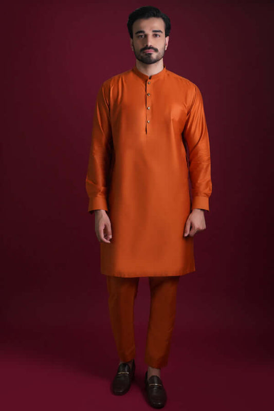 Arsalan Iqbal Wasit Coat Jamawar Burnt Orange Kurta and Pyjama Full Length Front View for Men