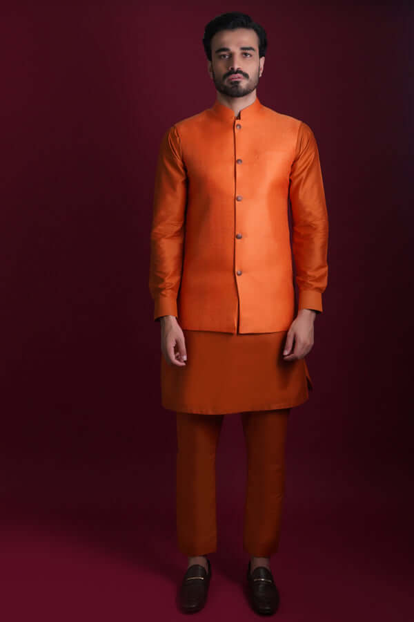 Arsalan Iqbal Wasit Coat Jamawar Burnt Orange Kurta and Waistcoat Set Full Length Front View for Men