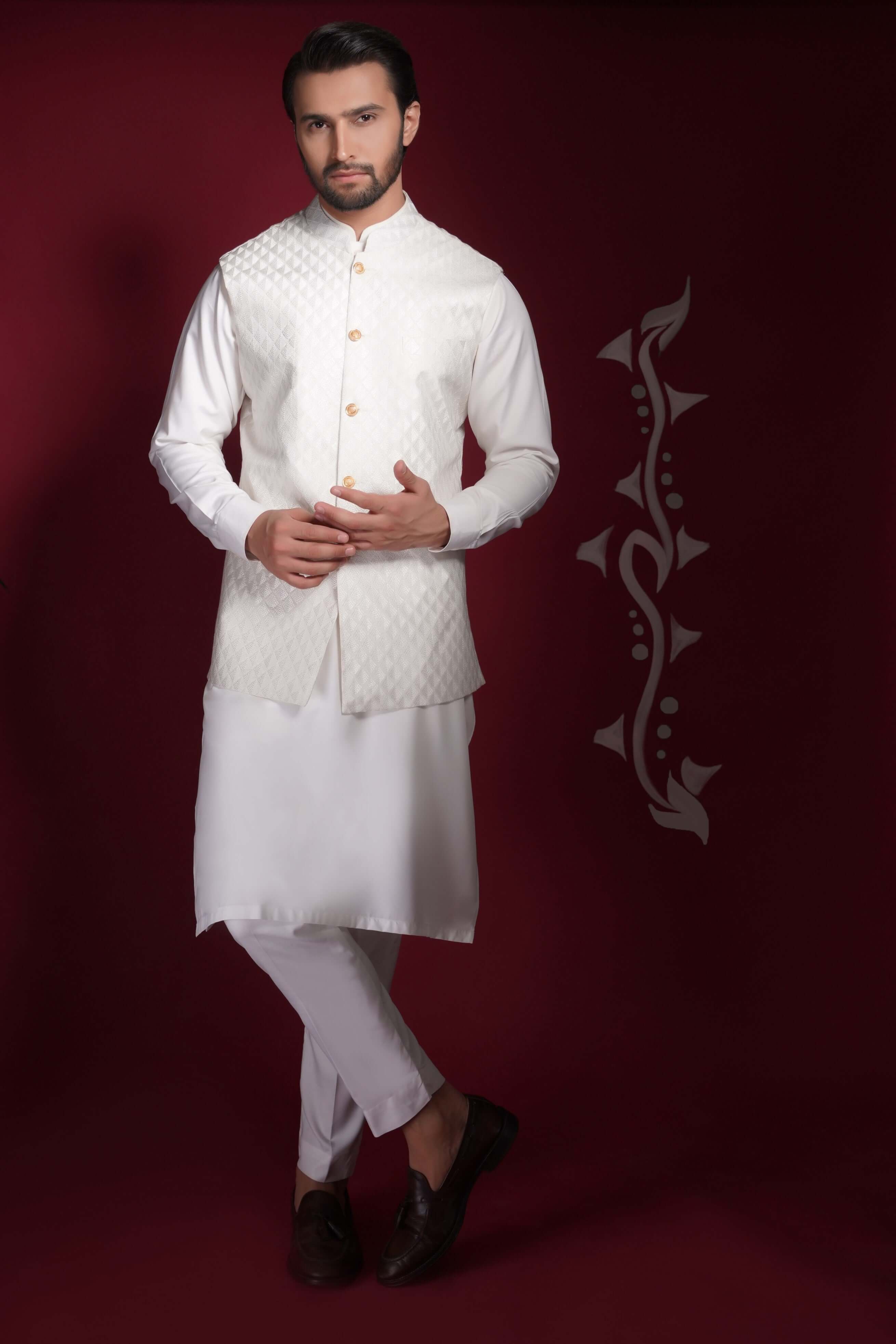 Arsalan Iqbal White Iron EZ Viscose Polyblend Waistcoat Set Full Length Front View for Men